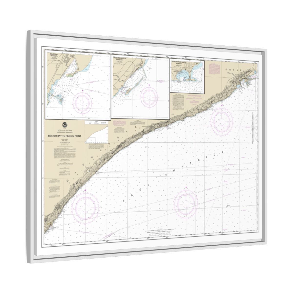 Chart 14967 Beaver Bay to Pigeon Point;Silver Bay Harbor;Taconite Harbor;Grand Marais Harbor - NOAA Nautical Chart Floating Frame Canvas | 32" x 24" | 40" x 30" - White side