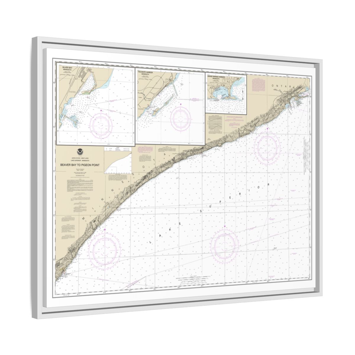 Chart 14967 Beaver Bay to Pigeon Point;Silver Bay Harbor;Taconite Harbor;Grand Marais Harbor - NOAA Nautical Chart Floating Frame Canvas | 32" x 24" | 40" x 30" - White side