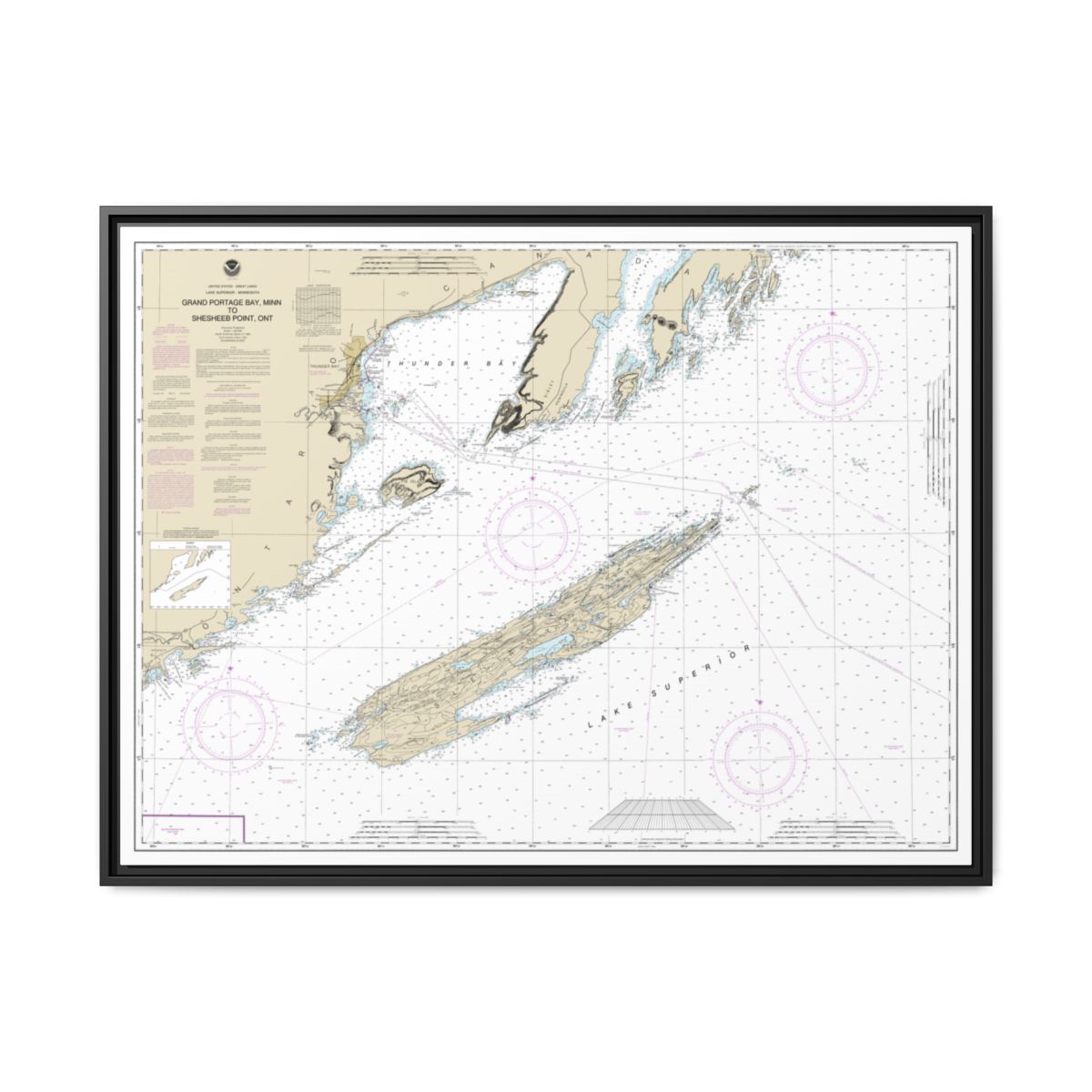 Chart 14968 Grand Portage Bay, Minn. to Shesbeeb Point, Ont. - NOAA Nautical Chart Floating Frame Canvas | 32" x 24" | 40" x 30" - Black front