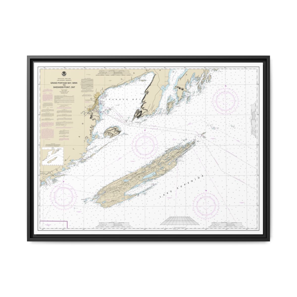 Chart 14968 Grand Portage Bay, Minn. to Shesbeeb Point, Ont. - NOAA Nautical Chart Floating Frame Canvas | 32" x 24" | 40" x 30" - Black front
