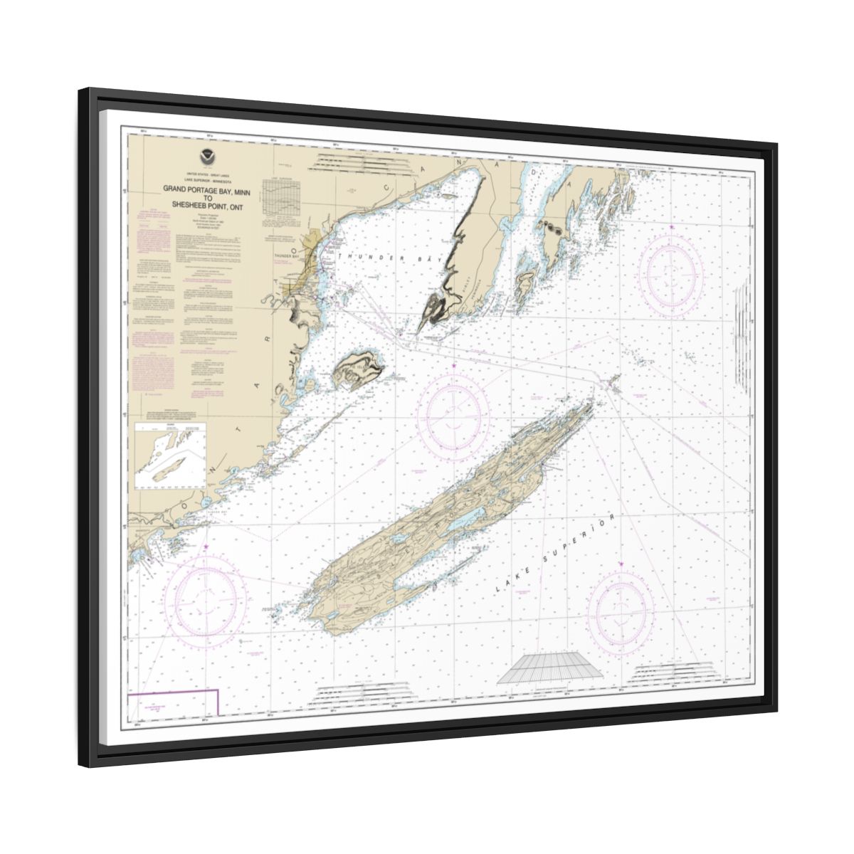 Chart 14968 Grand Portage Bay, Minn. to Shesbeeb Point, Ont. - NOAA Nautical Chart Floating Frame Canvas | 32" x 24" | 40" x 30" - Black side