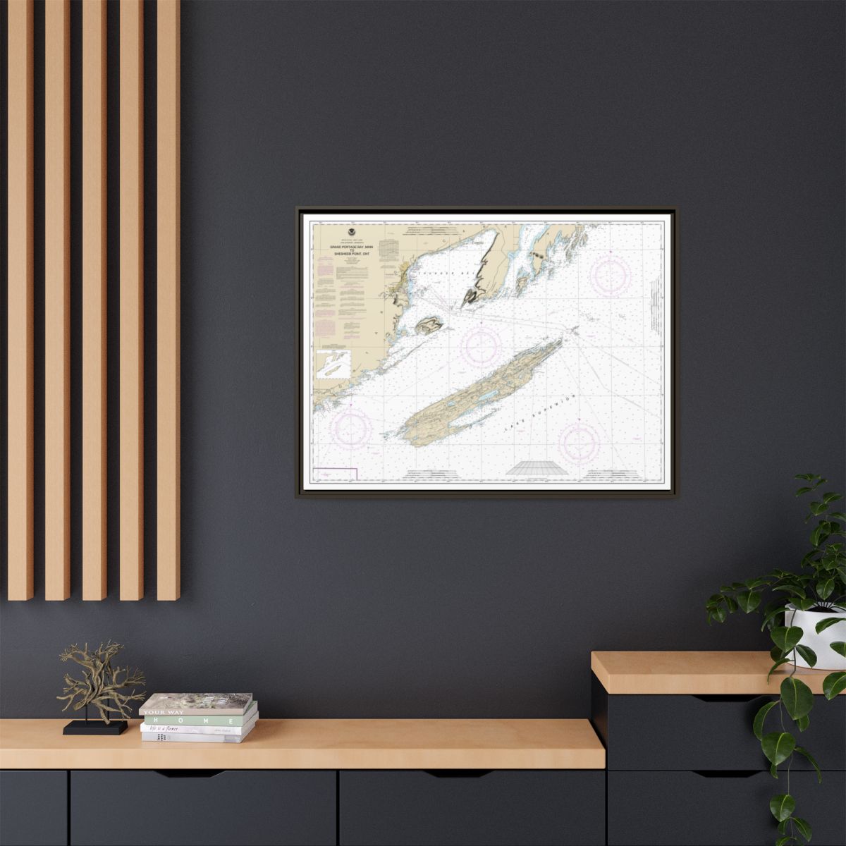 Chart 14968 Grand Portage Bay, Minn. to Shesbeeb Point, Ont. - NOAA Nautical Chart Floating Frame Canvas | 32" x 24" | 40" x 30" - Espresso context-2