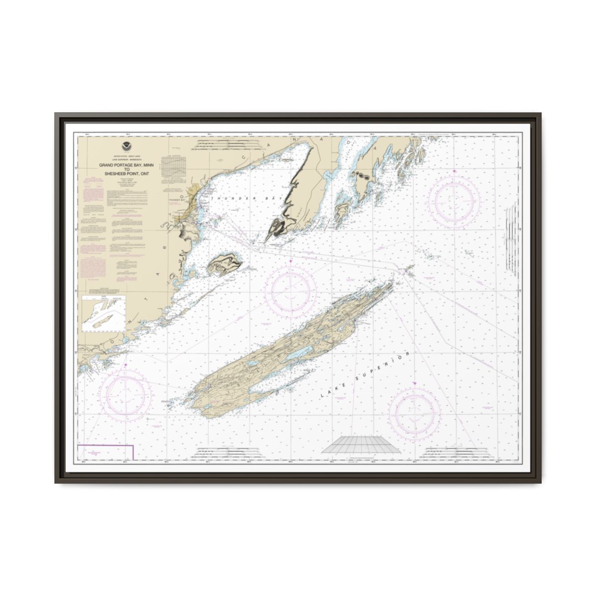 Chart 14968 Grand Portage Bay, Minn. to Shesbeeb Point, Ont. - NOAA Nautical Chart Floating Frame Canvas | 32" x 24" | 40" x 30" - Espresso front