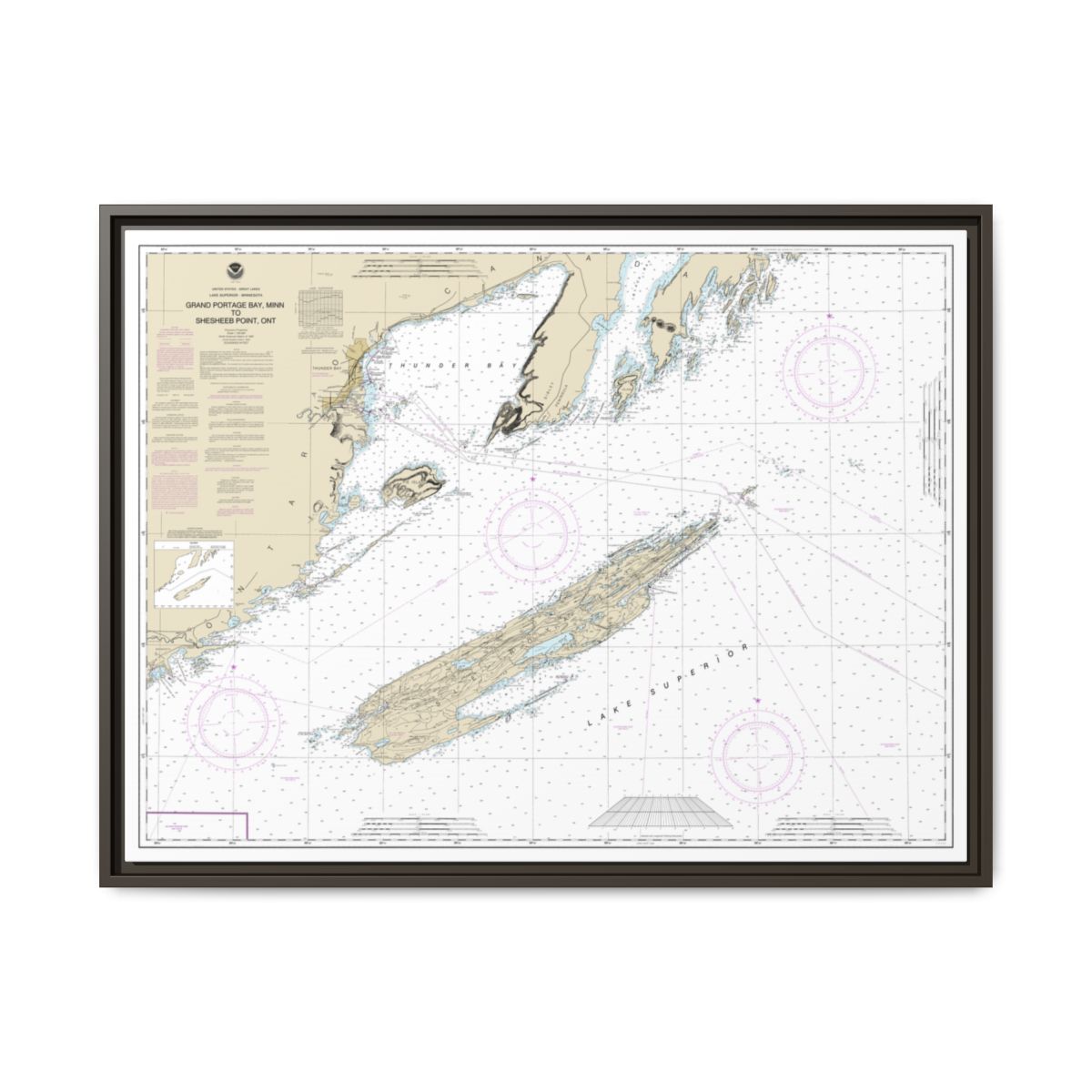 Chart 14968 Grand Portage Bay, Minn. to Shesbeeb Point, Ont. - NOAA Nautical Chart Floating Frame Canvas | 32" x 24" | 40" x 30" - Espresso front