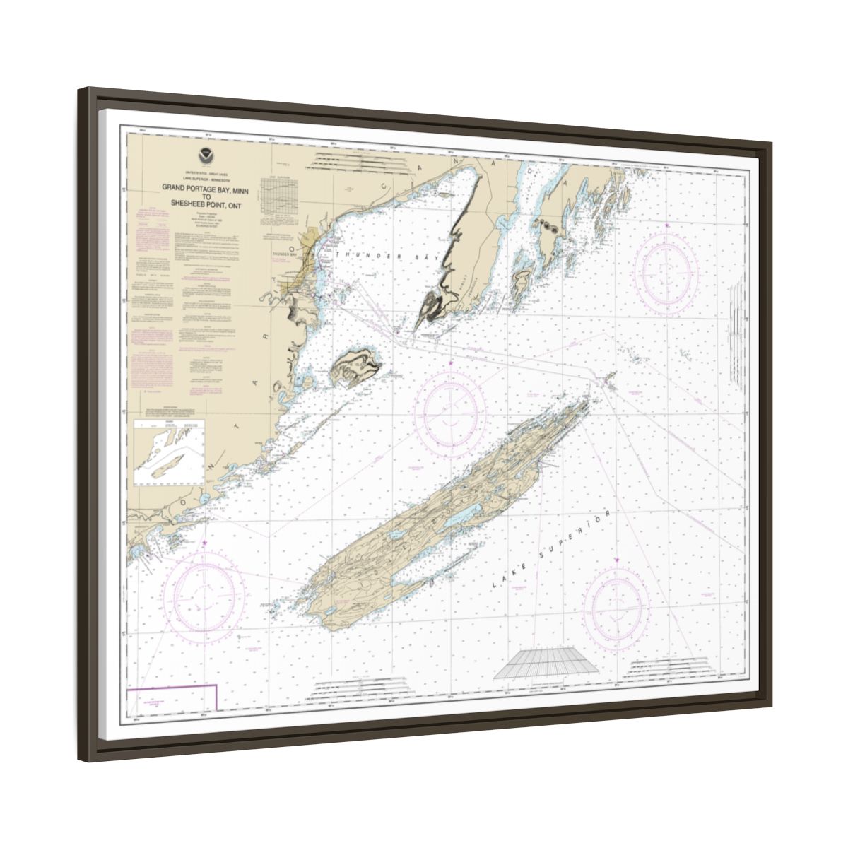 Chart 14968 Grand Portage Bay, Minn. to Shesbeeb Point, Ont. - NOAA Nautical Chart Floating Frame Canvas | 32" x 24" | 40" x 30" - Espresso side