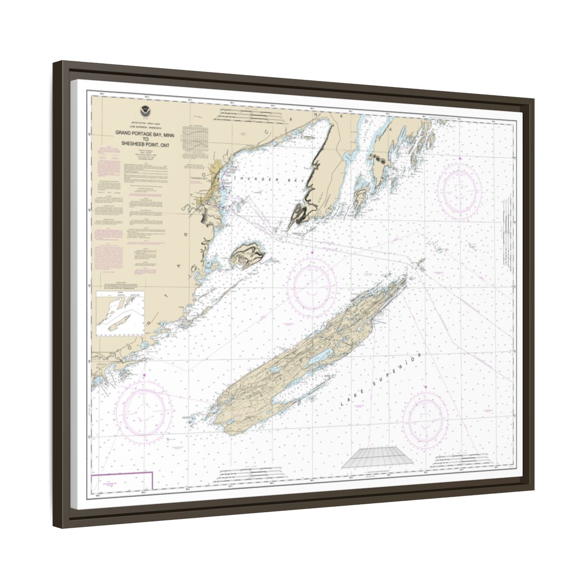 Chart 14968 Grand Portage Bay, Minn. to Shesbeeb Point, Ont. - NOAA Nautical Chart Floating Frame Canvas | 32" x 24" | 40" x 30" - Espresso side