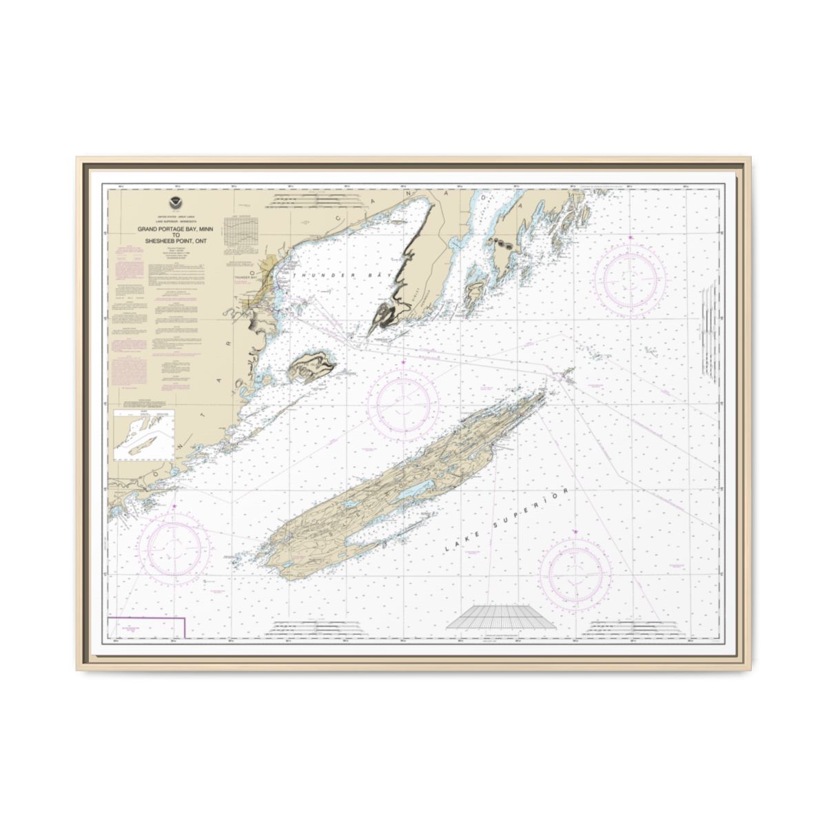 Chart 14968 Grand Portage Bay, Minn. to Shesbeeb Point, Ont. - NOAA Nautical Chart Floating Frame Canvas | 32" x 24" | 40" x 30" - Natural front