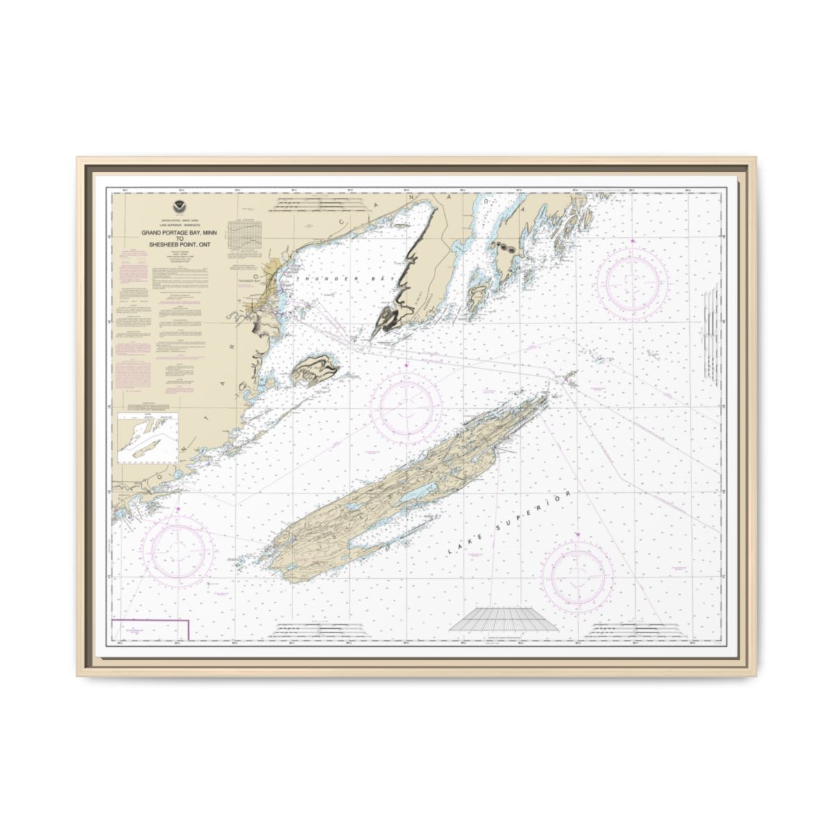 Chart 14968 Grand Portage Bay, Minn. to Shesbeeb Point, Ont. - NOAA Nautical Chart Floating Frame Canvas | 32" x 24" | 40" x 30" - Natural front