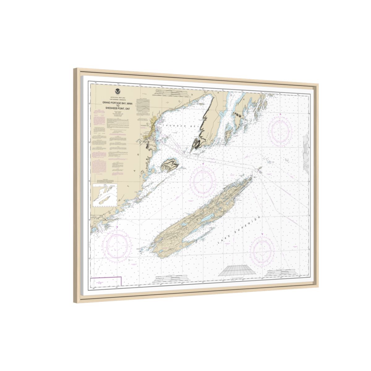 Chart 14968 Grand Portage Bay, Minn. to Shesbeeb Point, Ont. - NOAA Nautical Chart Floating Frame Canvas | 32" x 24" | 40" x 30" - Natural side