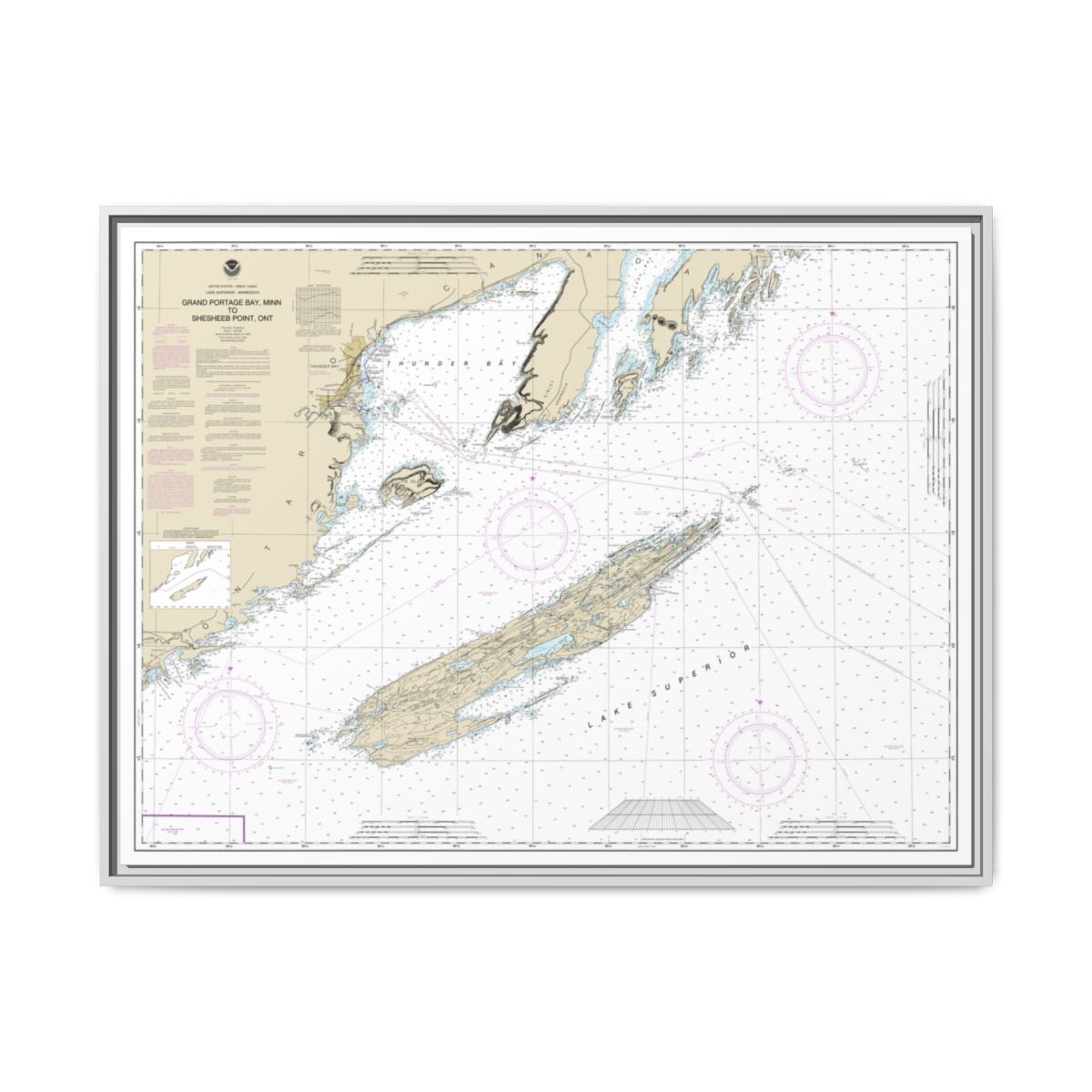 Chart 14968 Grand Portage Bay, Minn. to Shesbeeb Point, Ont. - NOAA Nautical Chart Floating Frame Canvas | 32" x 24" | 40" x 30" - White front