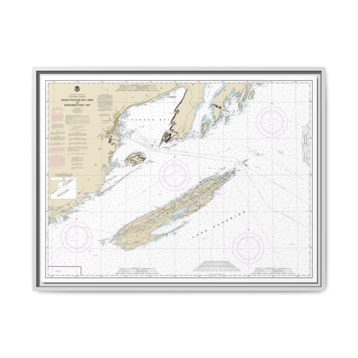 Chart 14968 Grand Portage Bay, Minn. to Shesbeeb Point, Ont. - NOAA Nautical Chart Floating Frame Canvas | 32" x 24" | 40" x 30" - White front