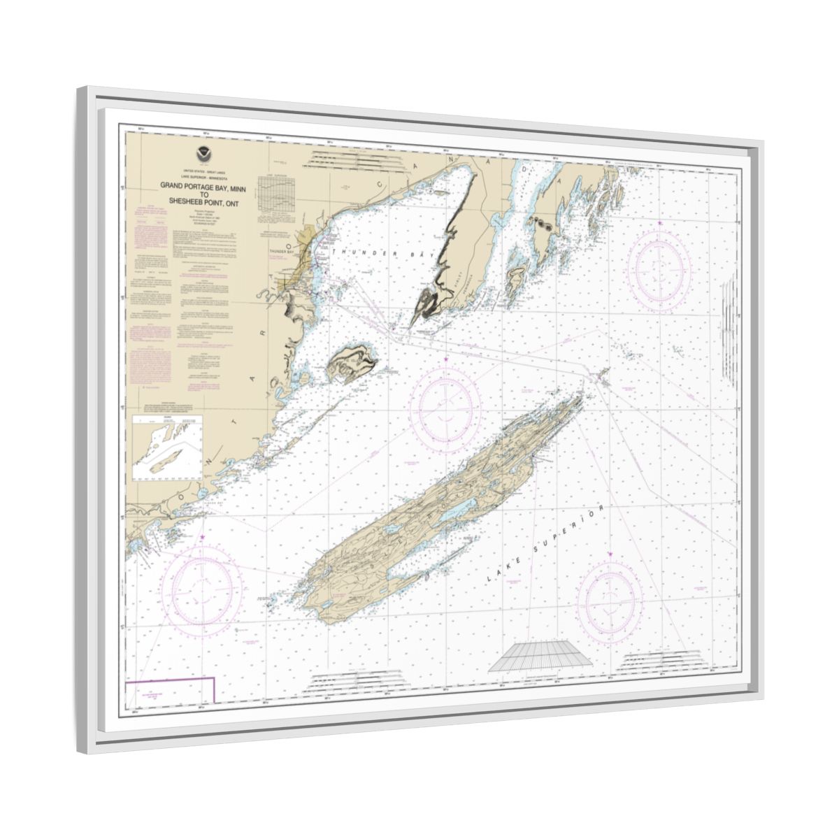 Chart 14968 Grand Portage Bay, Minn. to Shesbeeb Point, Ont. - NOAA Nautical Chart Floating Frame Canvas | 32" x 24" | 40" x 30" - White side