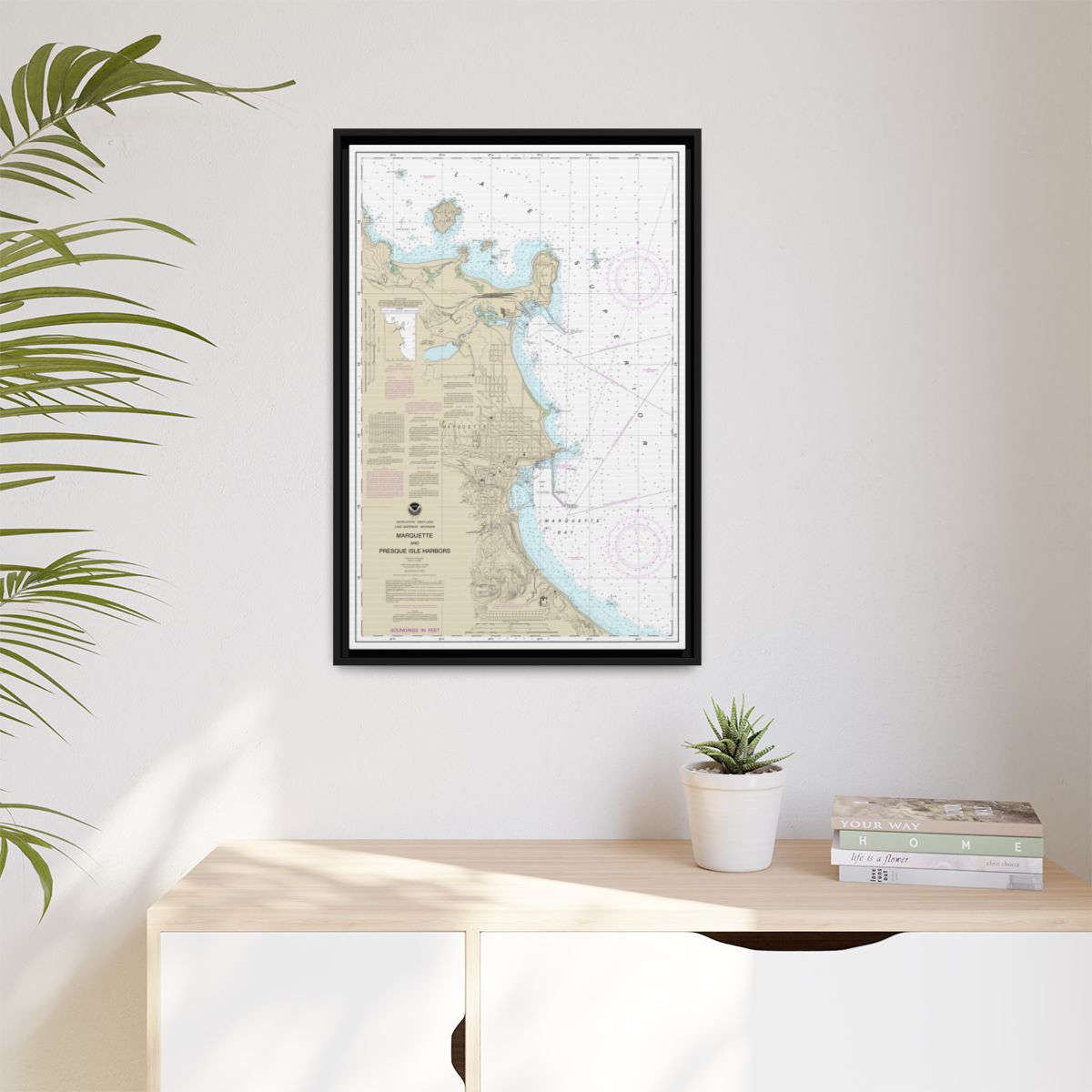 Chart 14970 Marquette and Presque Isle Harbors - NOAA Nautical Chart Floating Frame Canvas | 20" x 30" | 24" x 36" | 32" x 48" - Black context-1