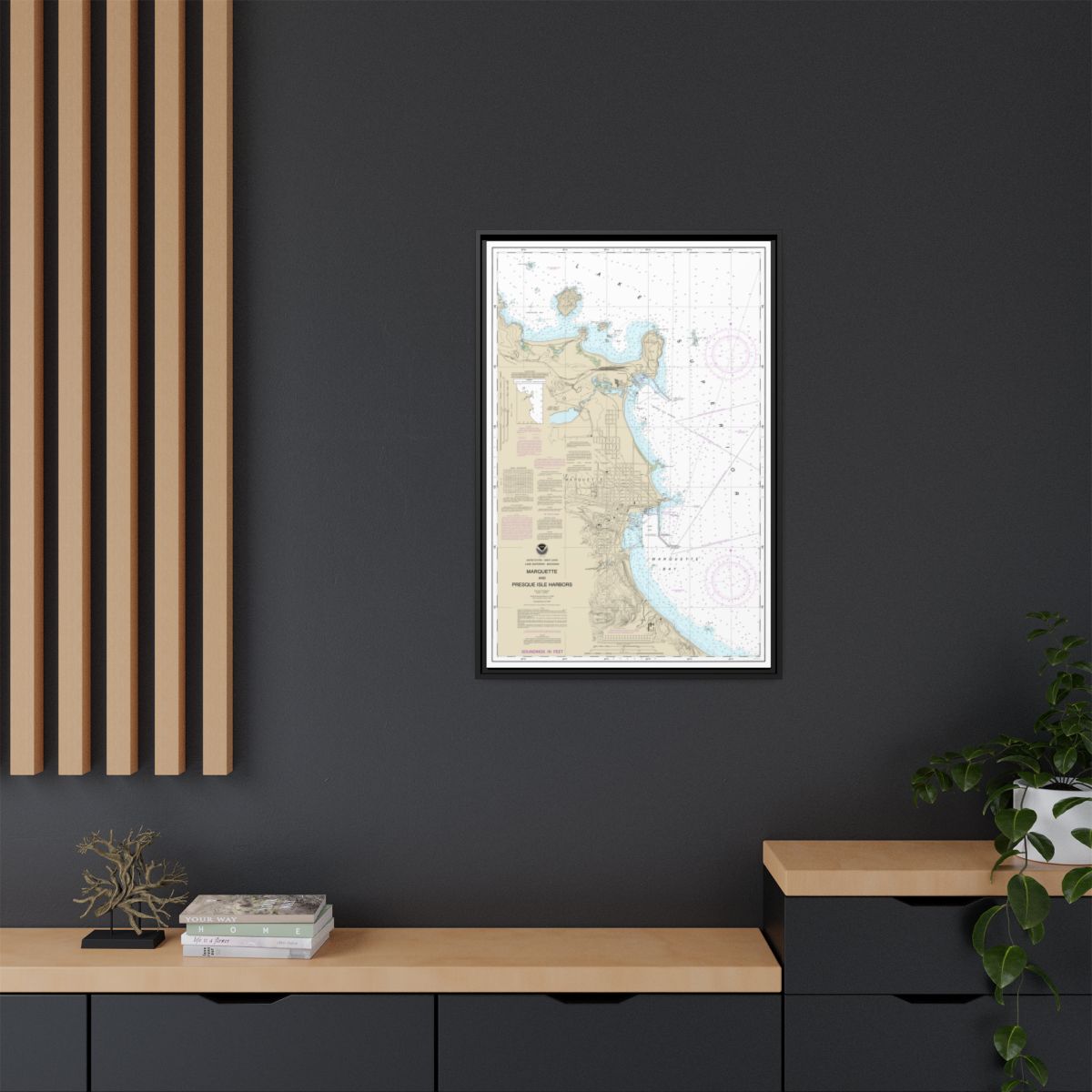 Chart 14970 Marquette and Presque Isle Harbors - NOAA Nautical Chart Floating Frame Canvas | 20" x 30" | 24" x 36" | 32" x 48" - Black context-2
