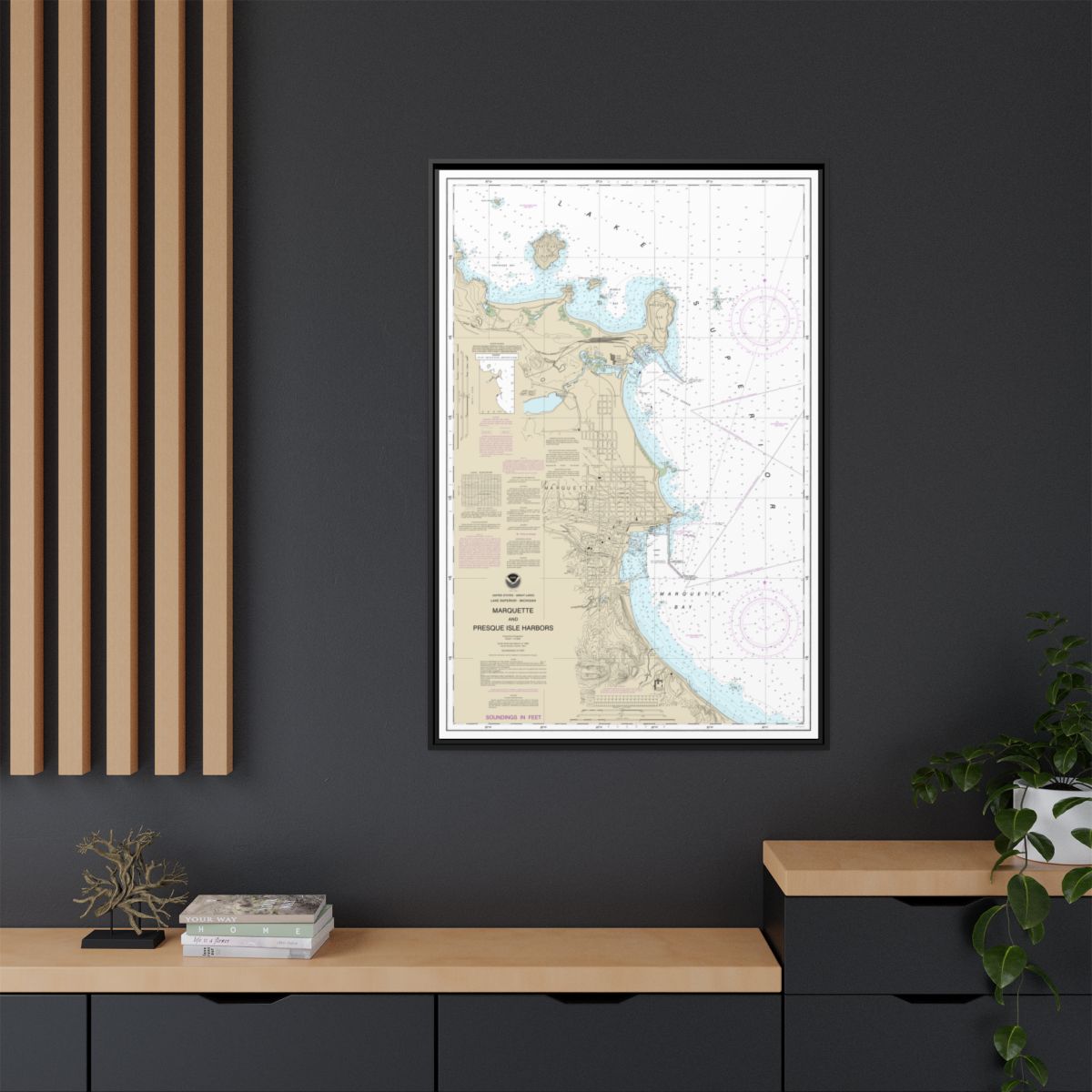 Chart 14970 Marquette and Presque Isle Harbors - NOAA Nautical Chart Floating Frame Canvas | 20" x 30" | 24" x 36" | 32" x 48" - Black context-2