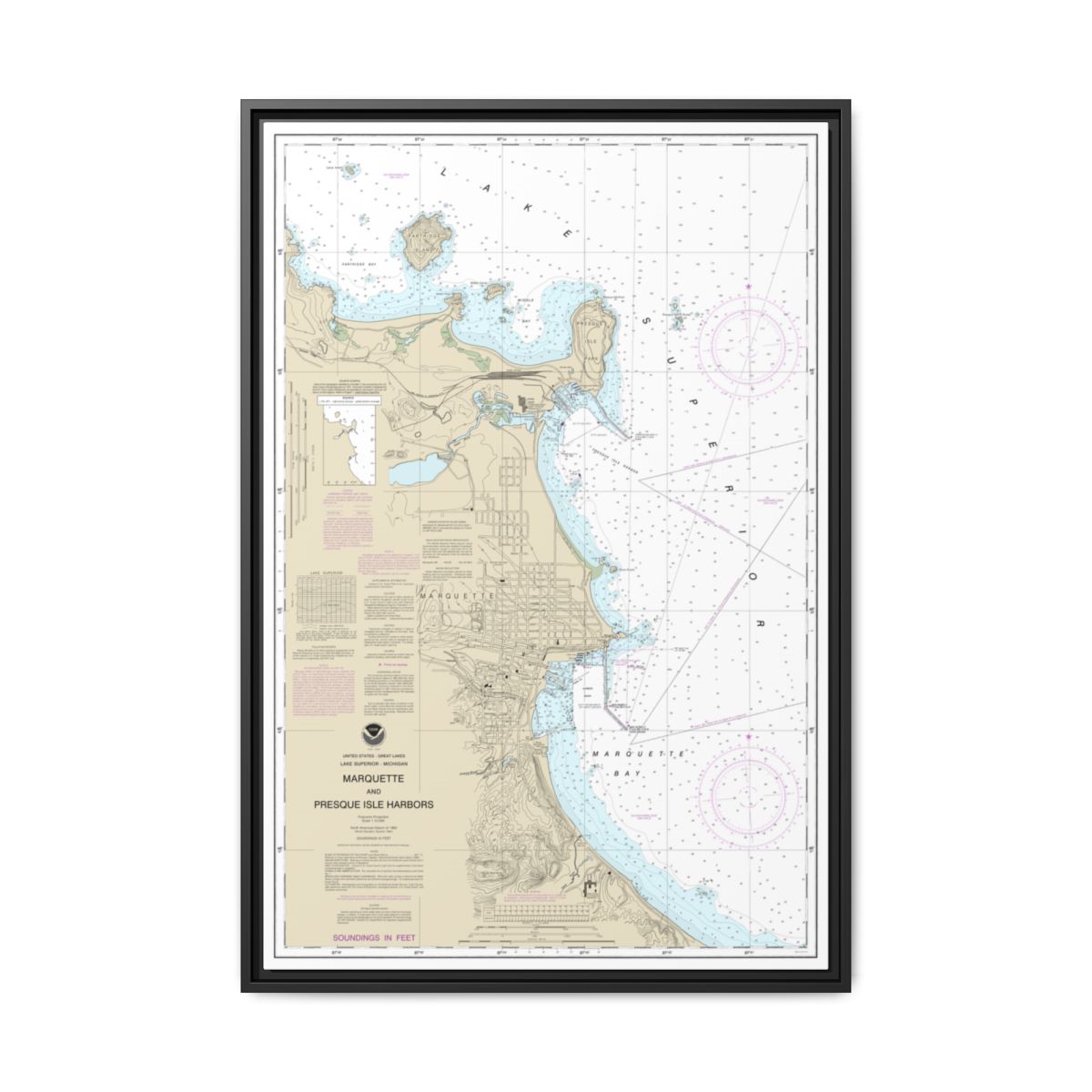 Chart 14970 Marquette and Presque Isle Harbors - NOAA Nautical Chart Floating Frame Canvas | 20" x 30" | 24" x 36" | 32" x 48" - Black front