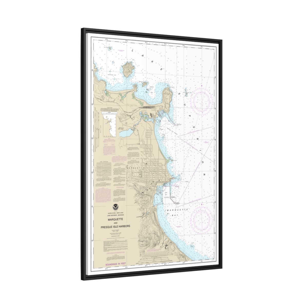 Chart 14970 Marquette and Presque Isle Harbors - NOAA Nautical Chart Floating Frame Canvas | 20" x 30" | 24" x 36" | 32" x 48" - Black side