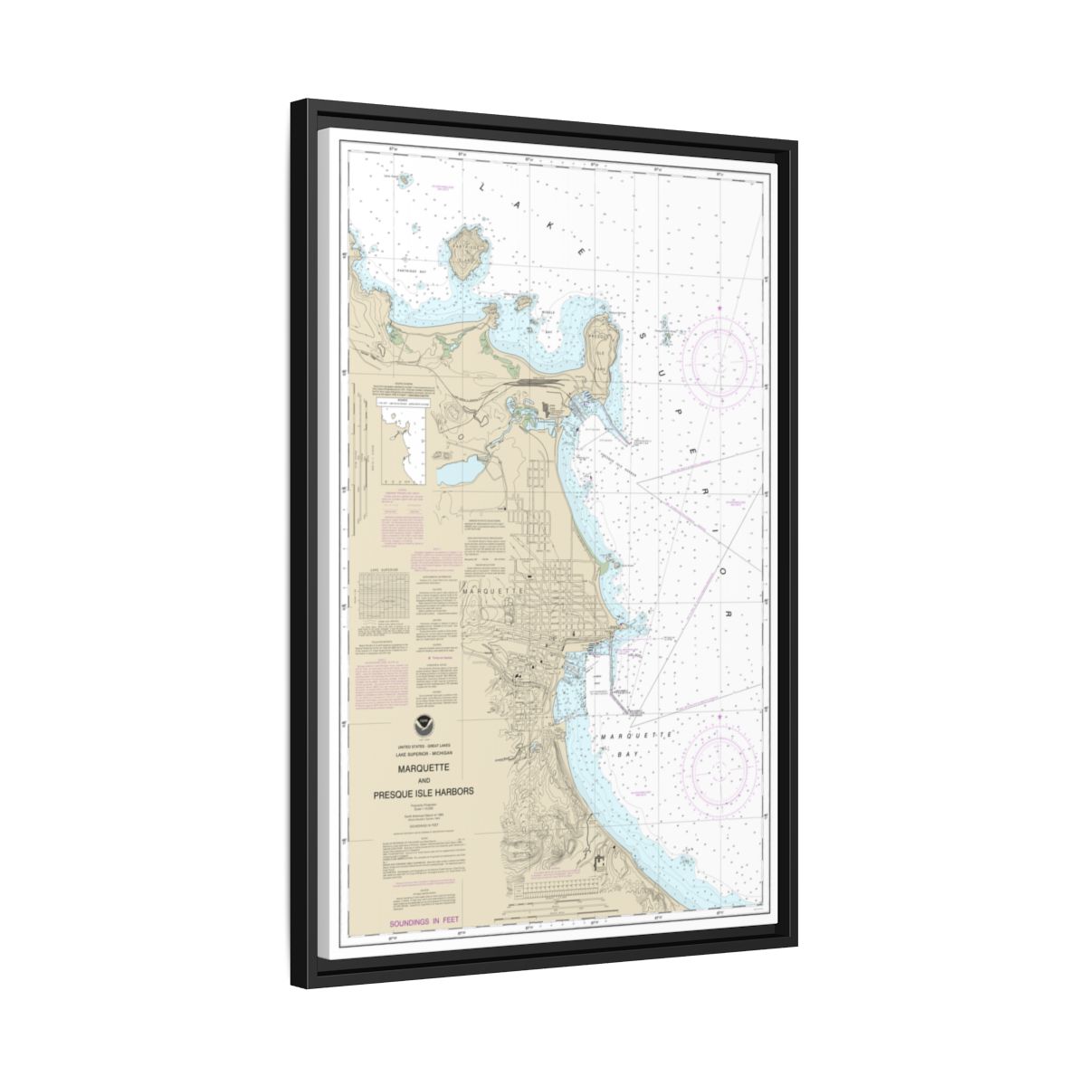 Chart 14970 Marquette and Presque Isle Harbors - NOAA Nautical Chart Floating Frame Canvas | 20" x 30" | 24" x 36" | 32" x 48" - Black side