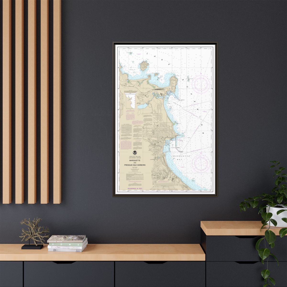 Chart 14970 Marquette and Presque Isle Harbors - NOAA Nautical Chart Floating Frame Canvas | 20" x 30" | 24" x 36" | 32" x 48" - Espresso context-2