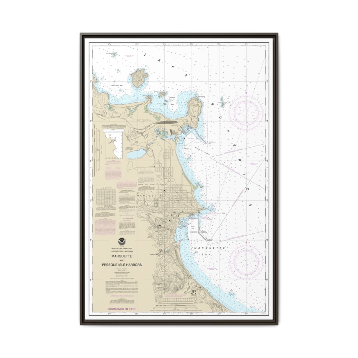 Chart 14970 Marquette and Presque Isle Harbors - NOAA Nautical Chart Floating Frame Canvas | 20" x 30" | 24" x 36" | 32" x 48" - Espresso front