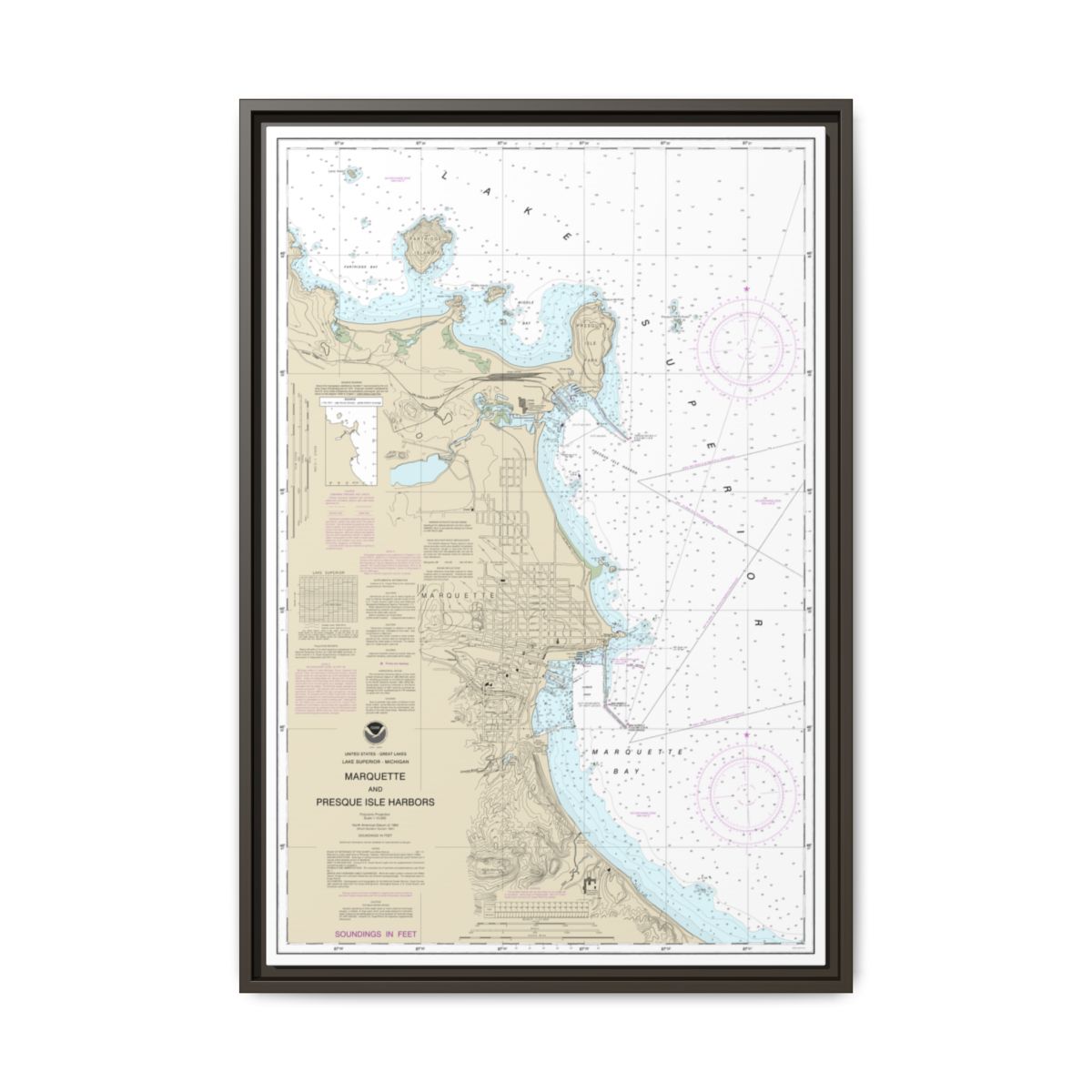 Chart 14970 Marquette and Presque Isle Harbors - NOAA Nautical Chart Floating Frame Canvas | 20" x 30" | 24" x 36" | 32" x 48" - Espresso front
