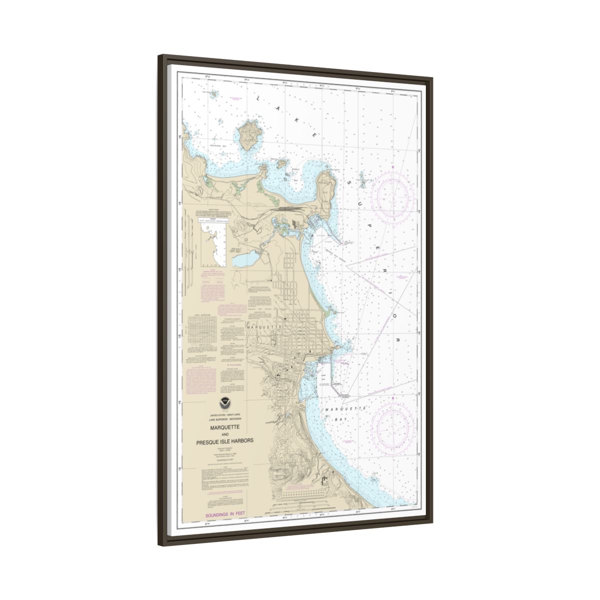 Chart 14970 Marquette and Presque Isle Harbors - NOAA Nautical Chart Floating Frame Canvas | 20" x 30" | 24" x 36" | 32" x 48" - Espresso side
