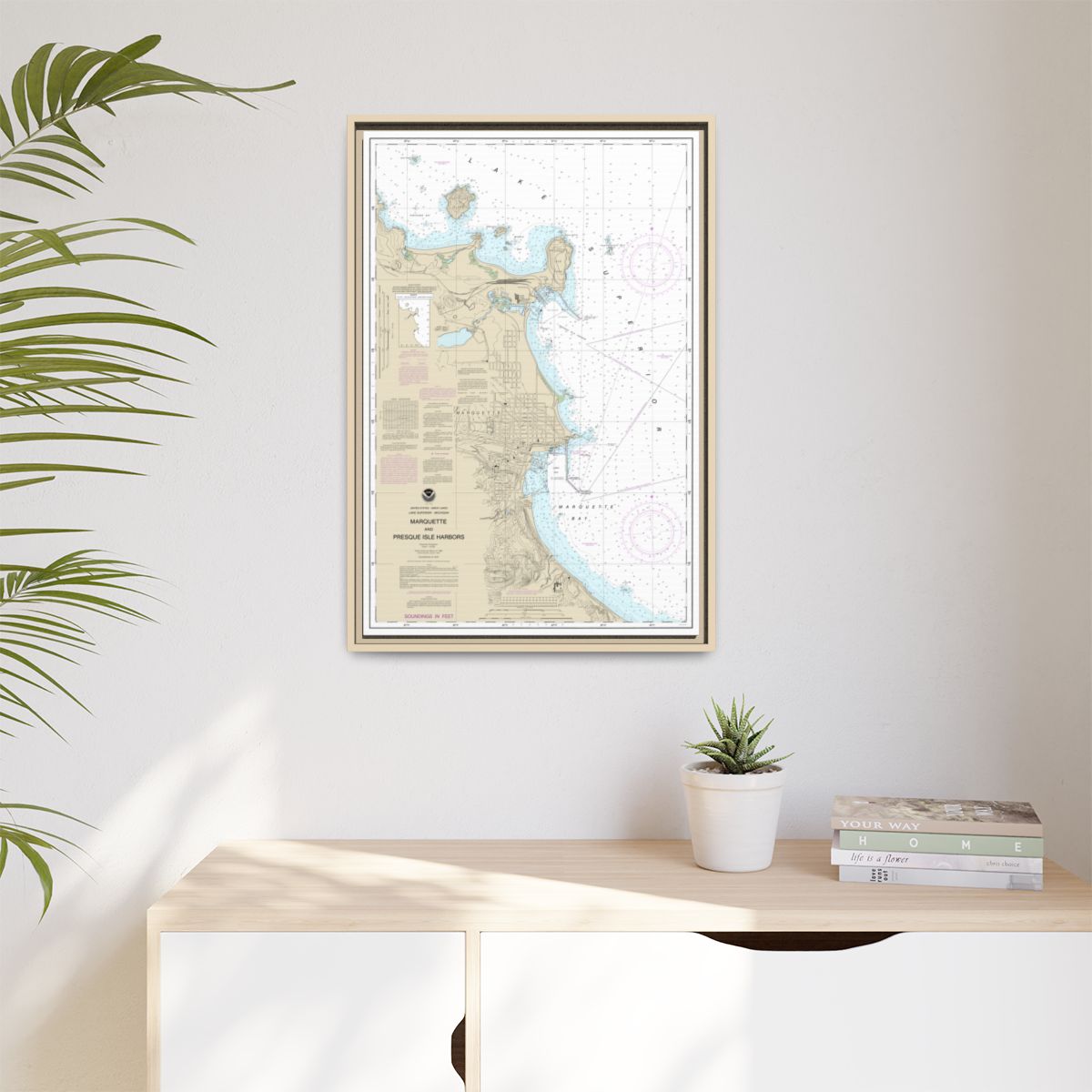 Chart 14970 Marquette and Presque Isle Harbors - NOAA Nautical Chart Floating Frame Canvas | 20" x 30" | 24" x 36" | 32" x 48" - Natural context-1