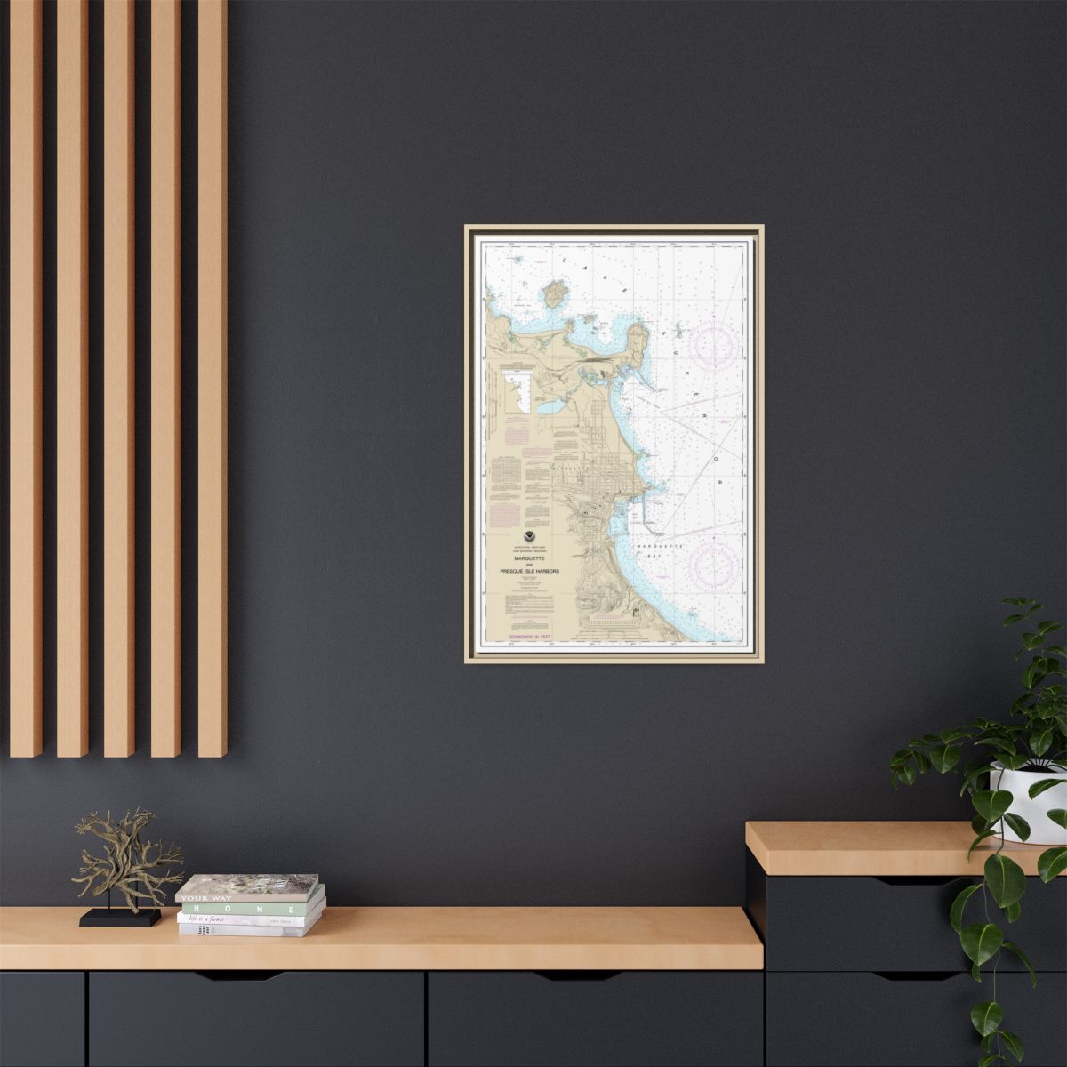 Chart 14970 Marquette and Presque Isle Harbors - NOAA Nautical Chart Floating Frame Canvas | 20" x 30" | 24" x 36" | 32" x 48" - Natural context-2