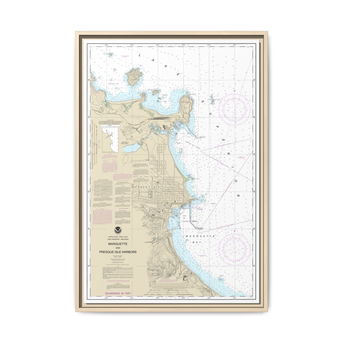 Chart 14970 Marquette and Presque Isle Harbors - NOAA Nautical Chart Floating Frame Canvas | 20" x 30" | 24" x 36" | 32" x 48" - Natural front