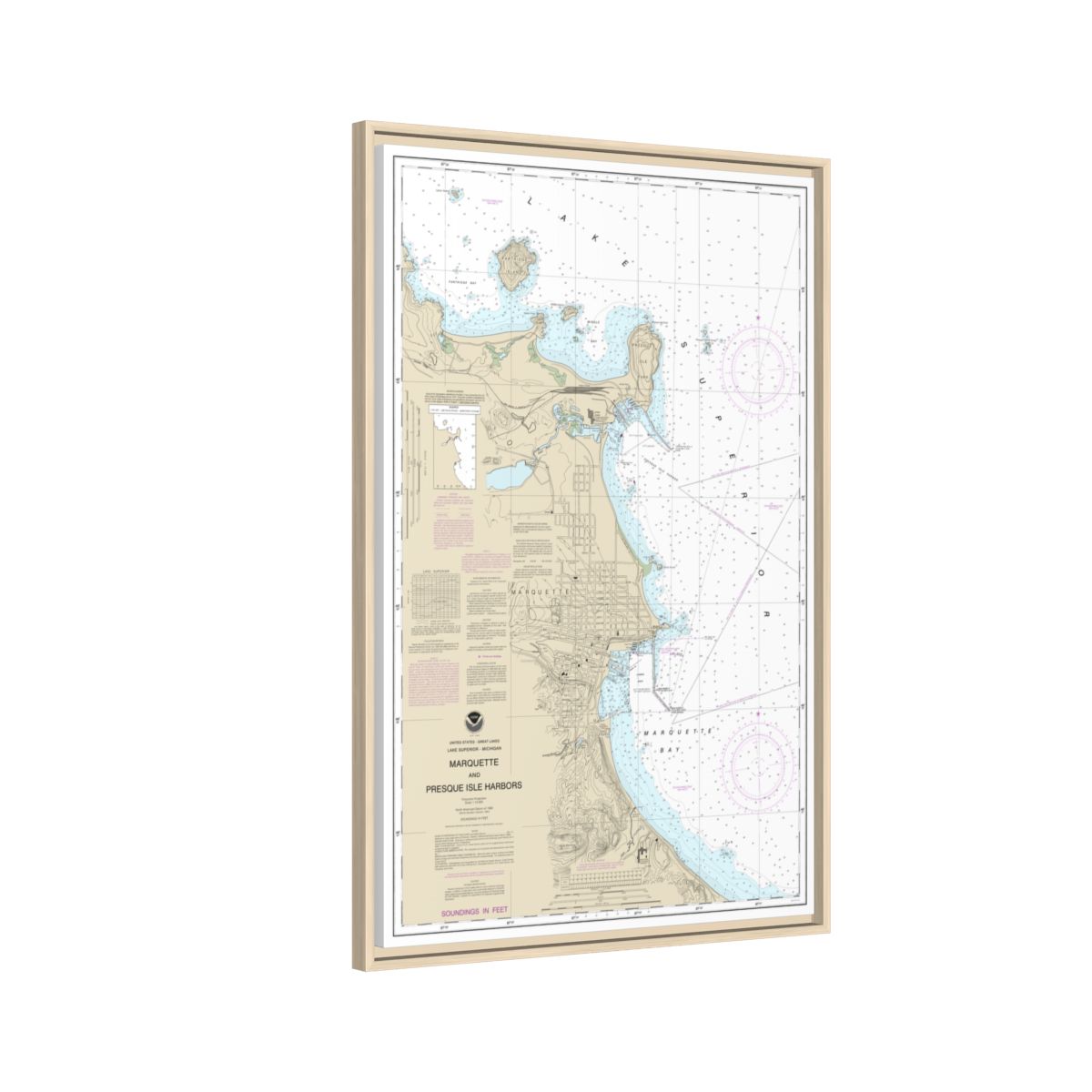 Chart 14970 Marquette and Presque Isle Harbors - NOAA Nautical Chart Floating Frame Canvas | 20" x 30" | 24" x 36" | 32" x 48" - Natural side