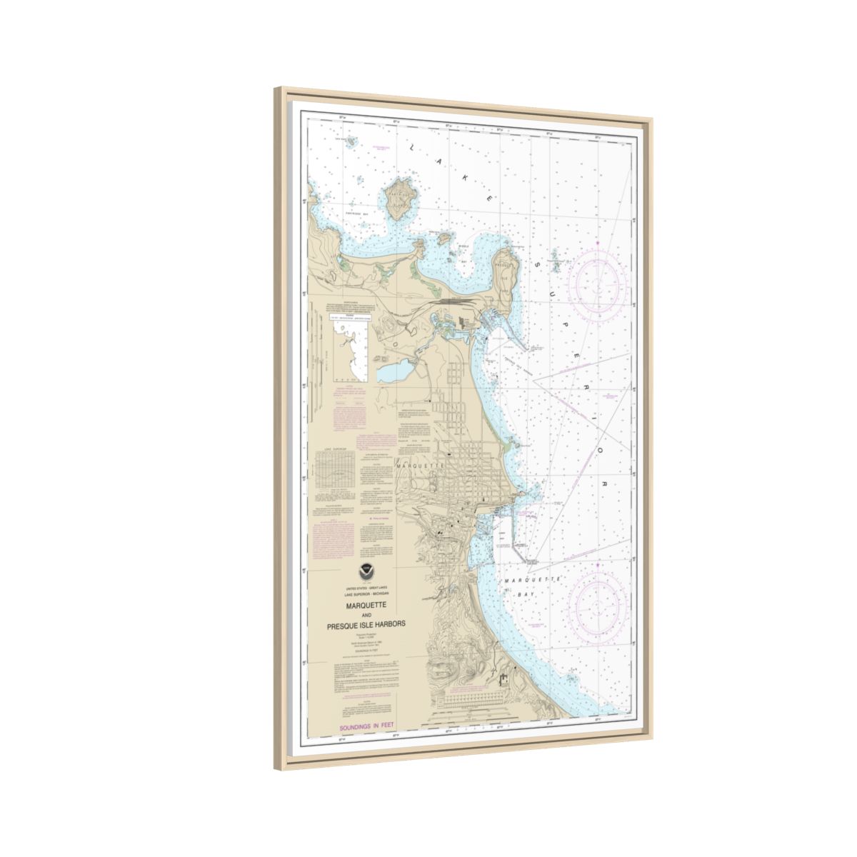 Chart 14970 Marquette and Presque Isle Harbors - NOAA Nautical Chart Floating Frame Canvas | 20" x 30" | 24" x 36" | 32" x 48" - Natural side