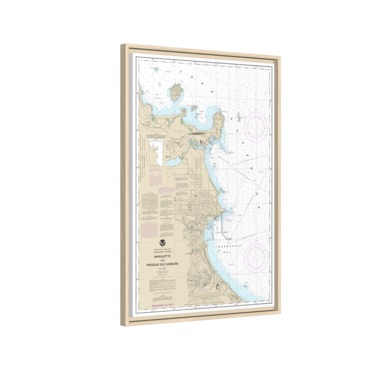 Chart 14970 Marquette and Presque Isle Harbors - NOAA Nautical Chart Floating Frame Canvas | 20" x 30" | 24" x 36" | 32" x 48" - Natural side
