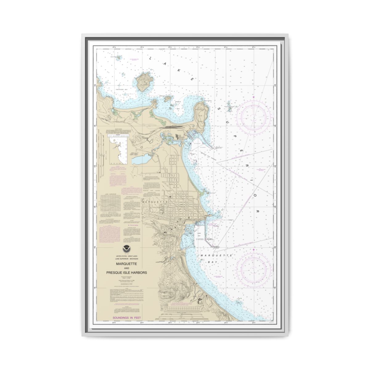 Chart 14970 Marquette and Presque Isle Harbors - NOAA Nautical Chart Floating Frame Canvas | 20" x 30" | 24" x 36" | 32" x 48" - White front