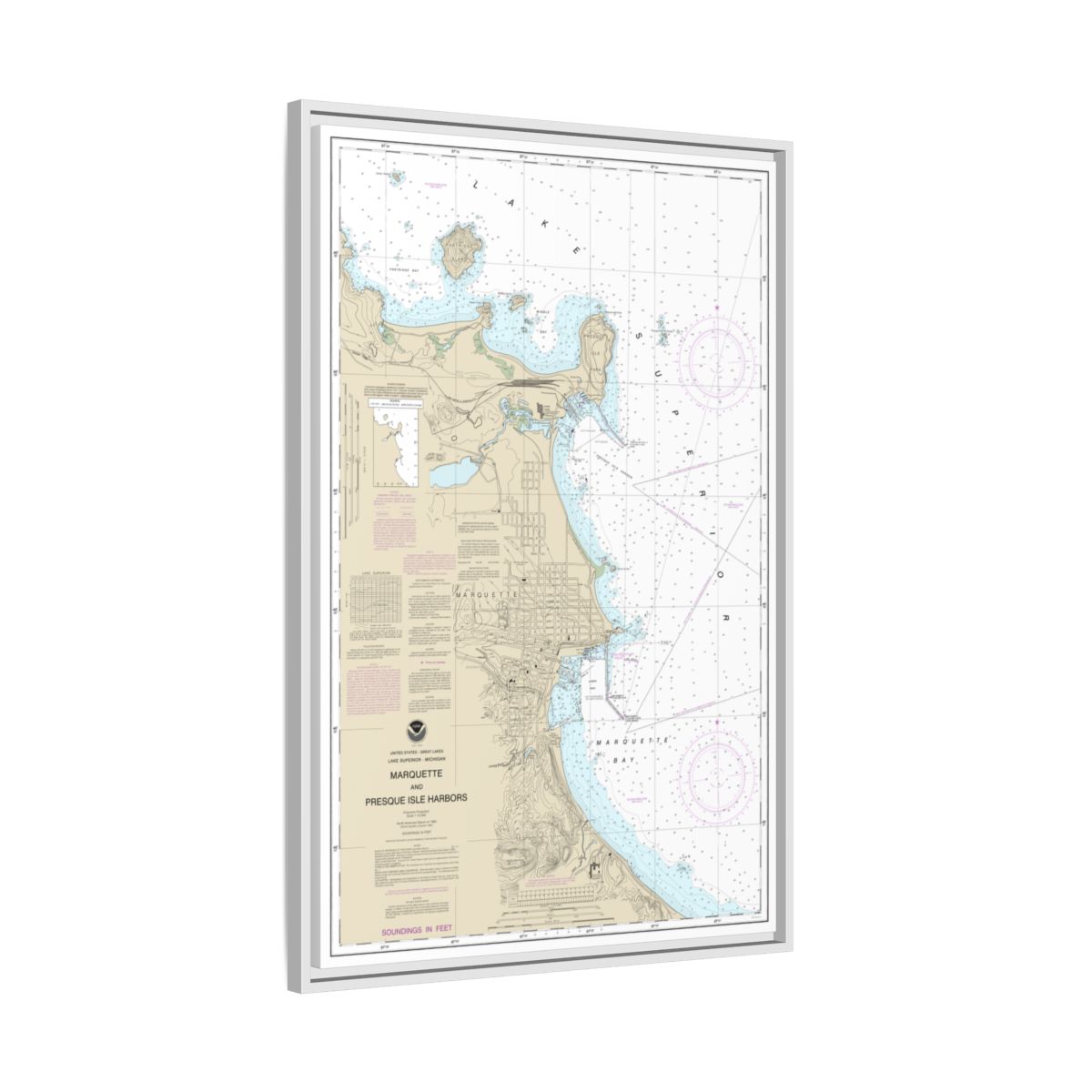 Chart 14970 Marquette and Presque Isle Harbors - NOAA Nautical Chart Floating Frame Canvas | 20" x 30" | 24" x 36" | 32" x 48" - White side