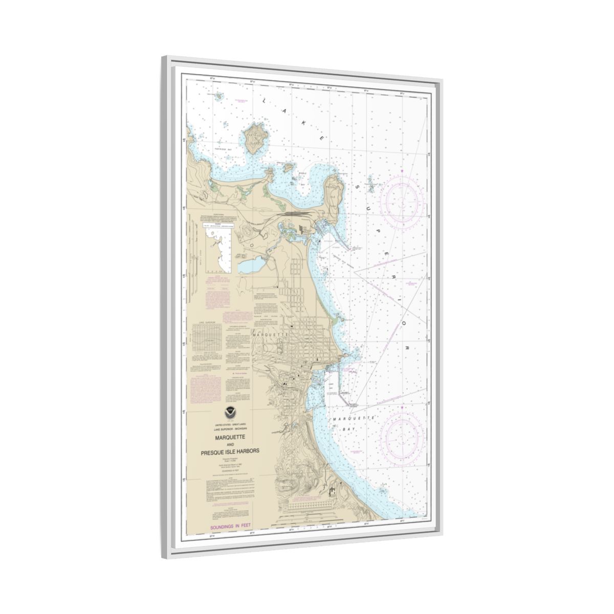 Chart 14970 Marquette and Presque Isle Harbors - NOAA Nautical Chart Floating Frame Canvas | 20" x 30" | 24" x 36" | 32" x 48" - White side