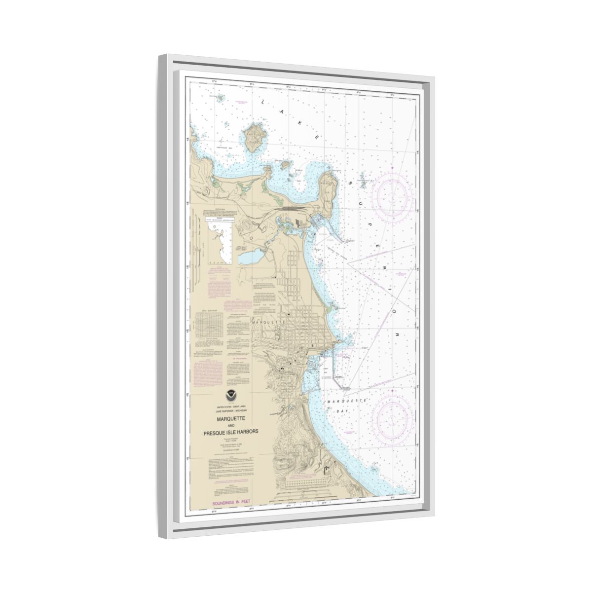 Chart 14970 Marquette and Presque Isle Harbors - NOAA Nautical Chart Floating Frame Canvas | 20" x 30" | 24" x 36" | 32" x 48" - White side