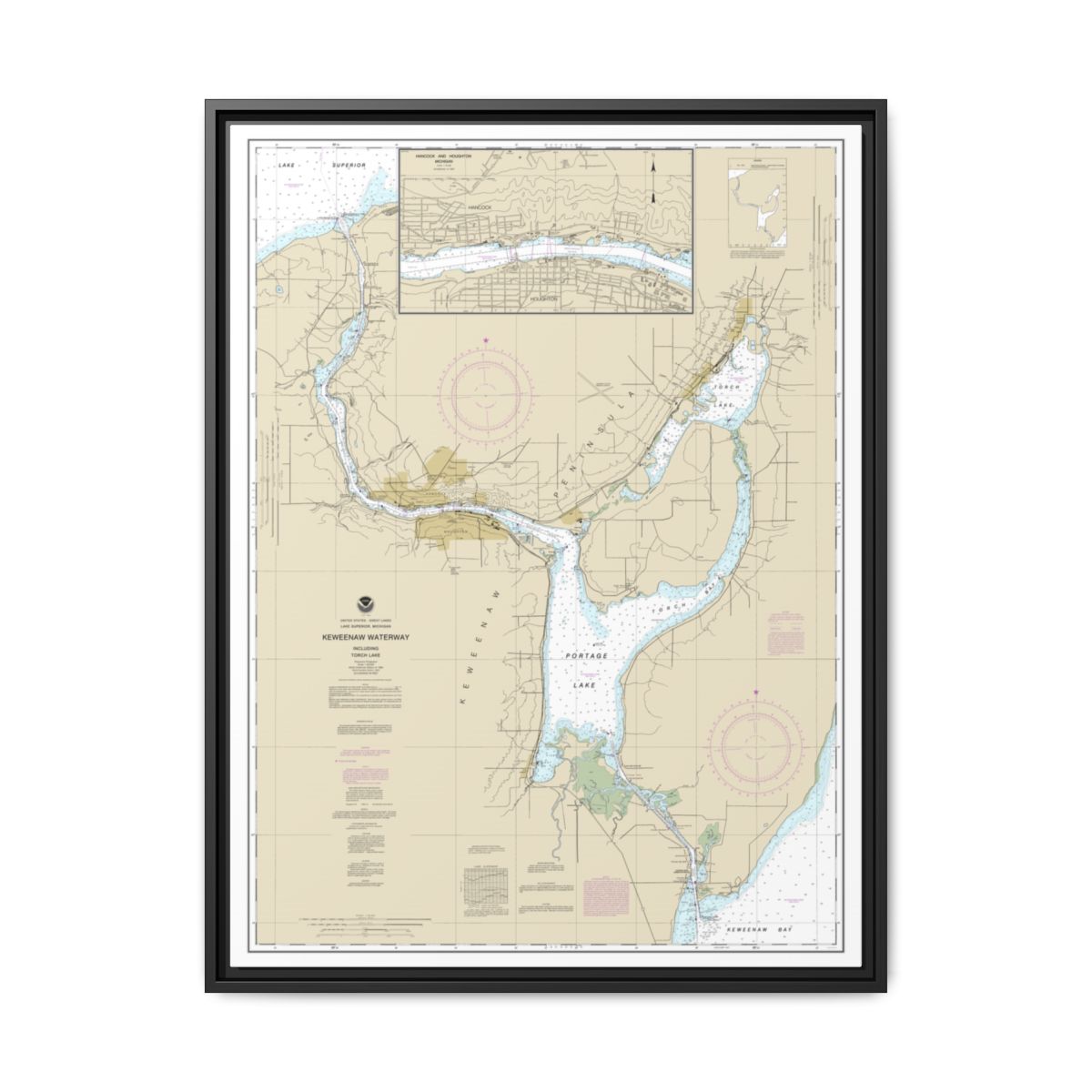 Chart 14972 Keweenaw Waterway, including Torch Lake;Hancock and Houghton - NOAA Nautical Chart Floating Frame Canvas | 24" x 32" | 30" x 40" - Black front
