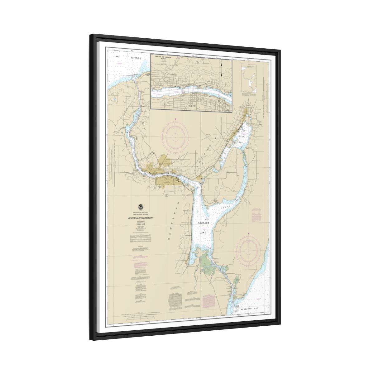 Chart 14972 Keweenaw Waterway, including Torch Lake;Hancock and Houghton - NOAA Nautical Chart Floating Frame Canvas | 24" x 32" | 30" x 40" - Black side