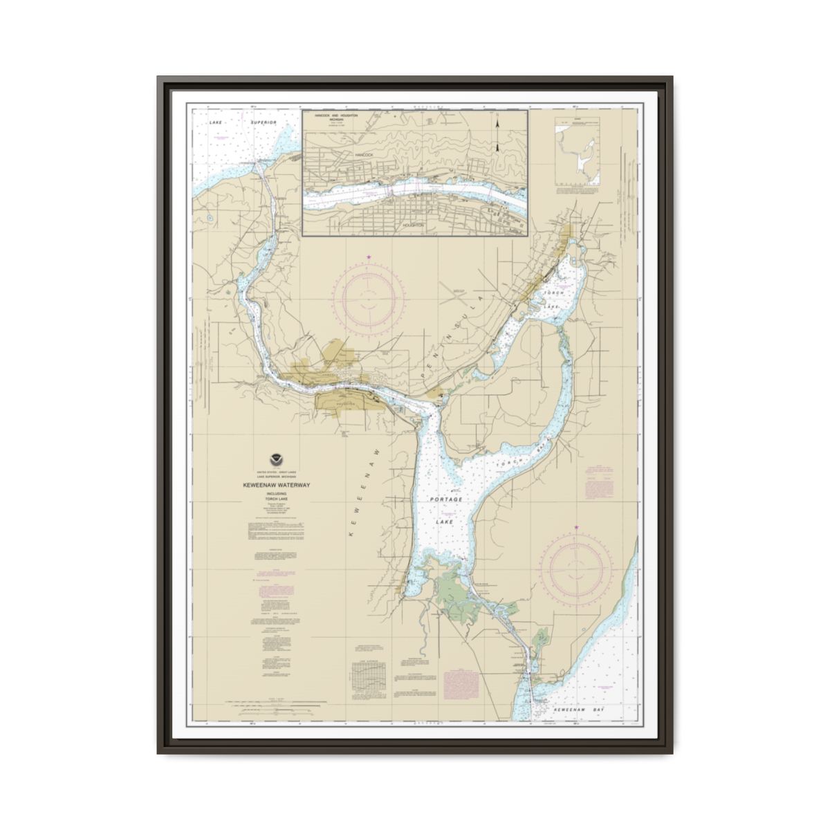 Chart 14972 Keweenaw Waterway, including Torch Lake;Hancock and Houghton - NOAA Nautical Chart Floating Frame Canvas | 24" x 32" | 30" x 40" - Espresso front