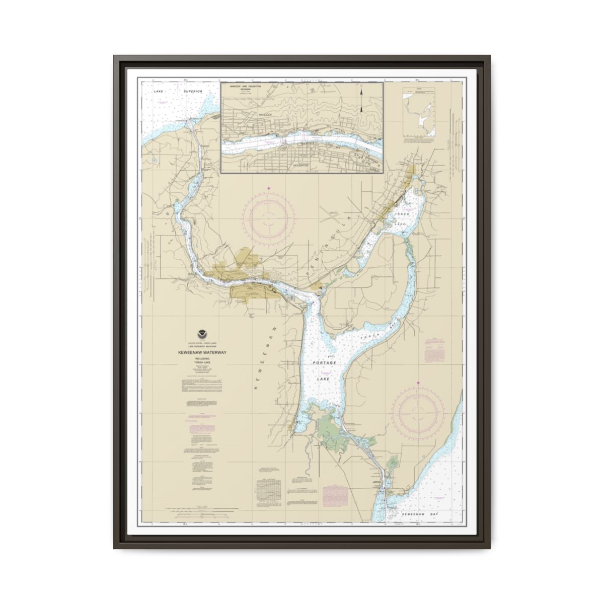 Chart 14972 Keweenaw Waterway, including Torch Lake;Hancock and Houghton - NOAA Nautical Chart Floating Frame Canvas | 24" x 32" | 30" x 40" - Espresso front