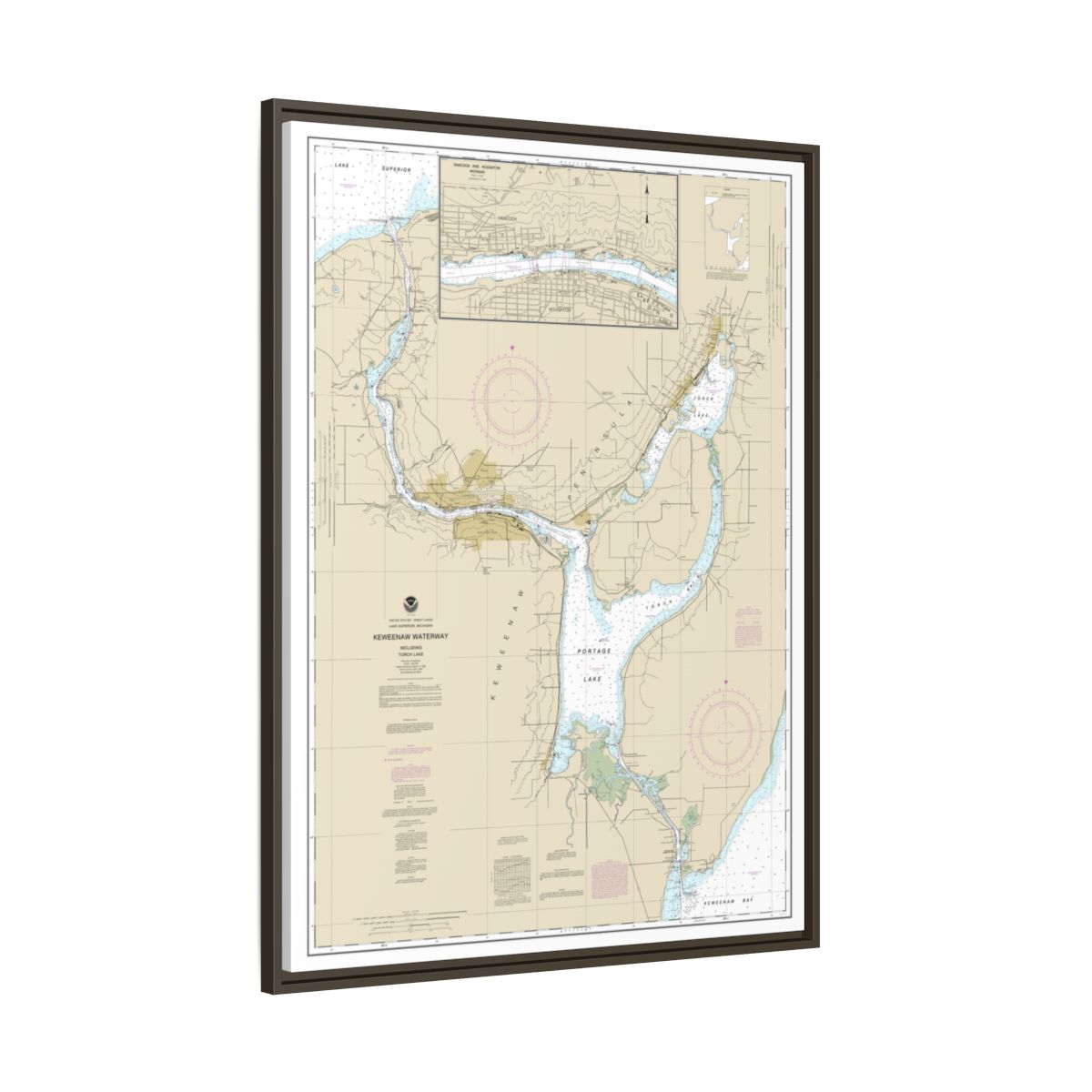 Chart 14972 Keweenaw Waterway, including Torch Lake;Hancock and Houghton - NOAA Nautical Chart Floating Frame Canvas | 24" x 32" | 30" x 40" - Espresso side