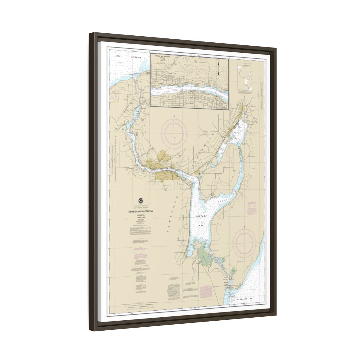 Chart 14972 Keweenaw Waterway, including Torch Lake;Hancock and Houghton - NOAA Nautical Chart Floating Frame Canvas | 24" x 32" | 30" x 40" - Espresso side