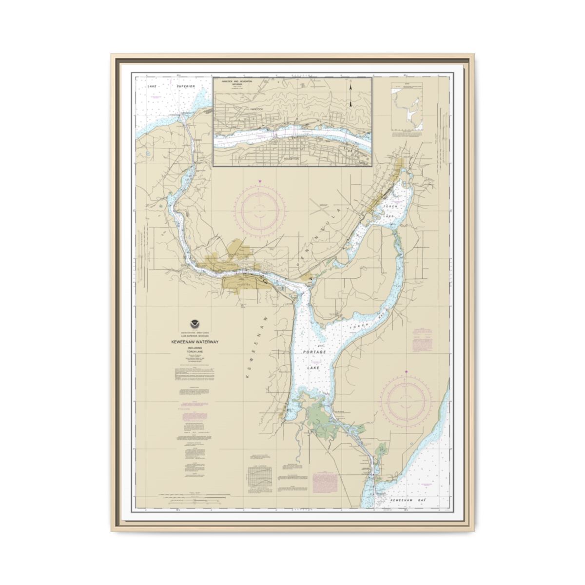 Chart 14972 Keweenaw Waterway, including Torch Lake;Hancock and Houghton - NOAA Nautical Chart Floating Frame Canvas | 24" x 32" | 30" x 40" - Natural front