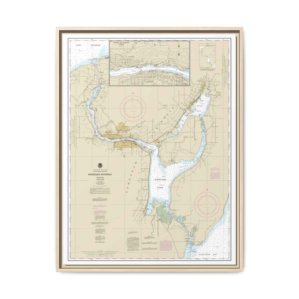 Chart 14972 Keweenaw Waterway, including Torch Lake;Hancock and Houghton - NOAA Nautical Chart Floating Frame Canvas | 24" x 32" | 30" x 40" - Natural front