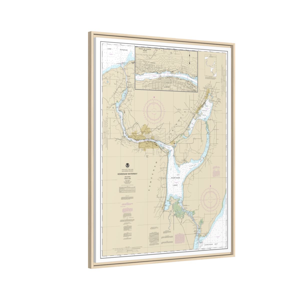 Chart 14972 Keweenaw Waterway, including Torch Lake;Hancock and Houghton - NOAA Nautical Chart Floating Frame Canvas | 24" x 32" | 30" x 40" - Natural side