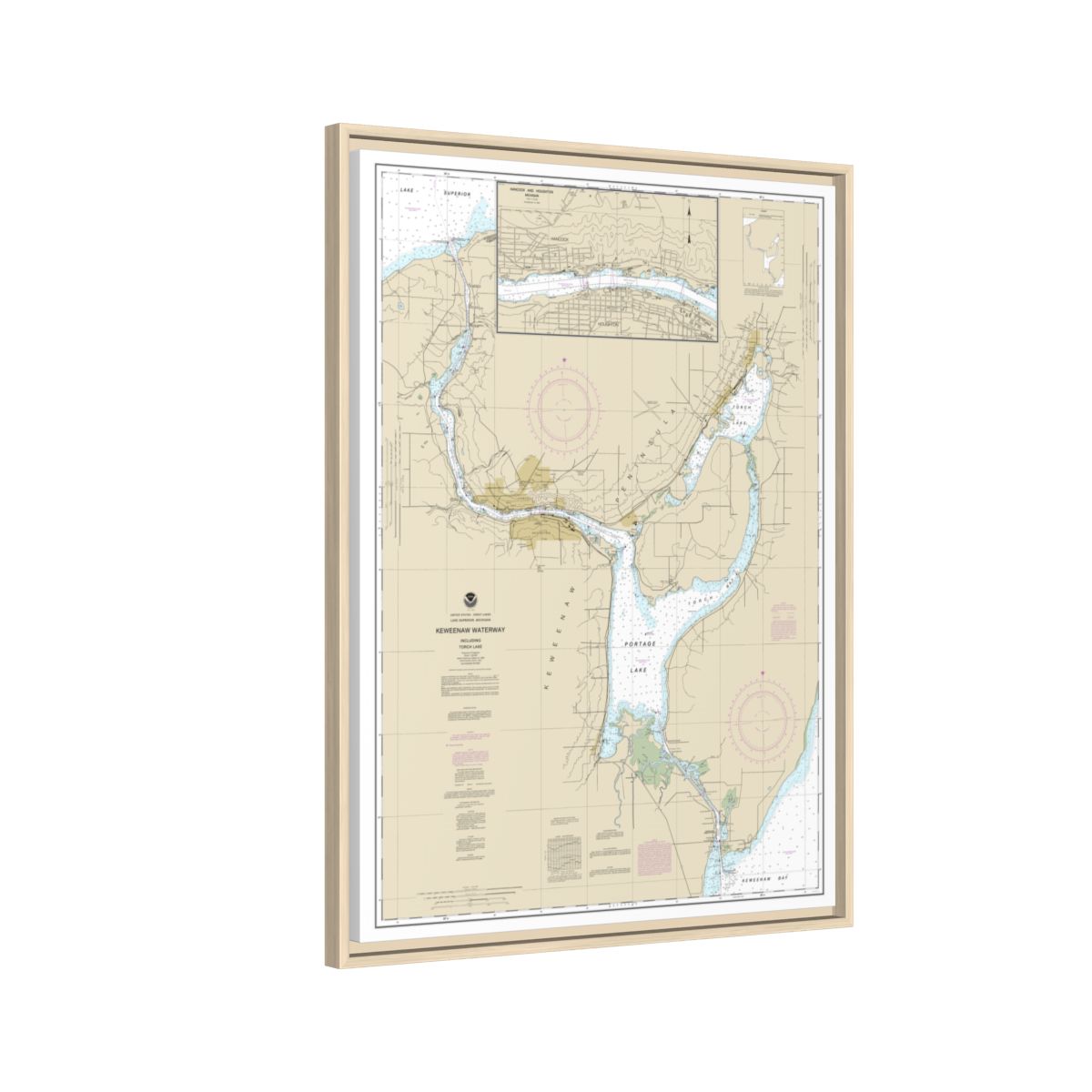 Chart 14972 Keweenaw Waterway, including Torch Lake;Hancock and Houghton - NOAA Nautical Chart Floating Frame Canvas | 24" x 32" | 30" x 40" - Natural side