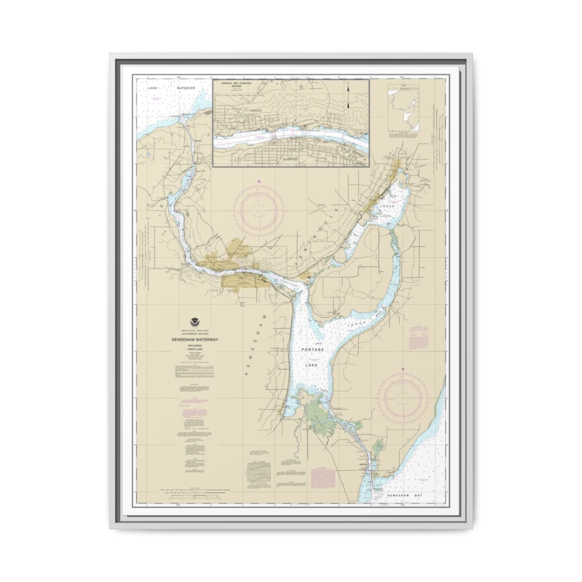 Chart 14972 Keweenaw Waterway, including Torch Lake;Hancock and Houghton - NOAA Nautical Chart Floating Frame Canvas | 24" x 32" | 30" x 40" - White front