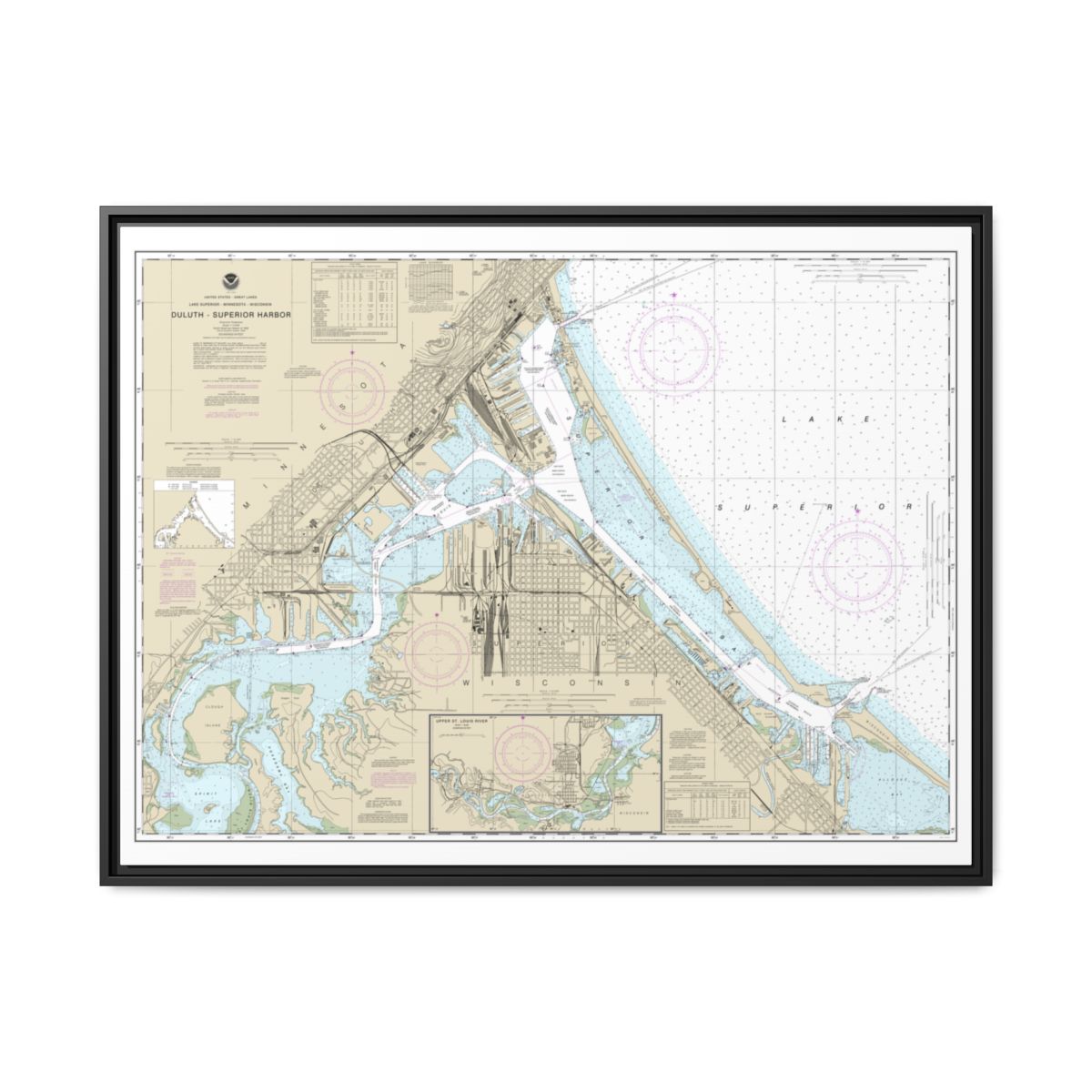 Chart 14975 Duluth-Superior Harbor;Upper St. Louis River - NOAA Nautical Chart Floating Frame Canvas | 32" x 24" | 40" x 30" - Black front