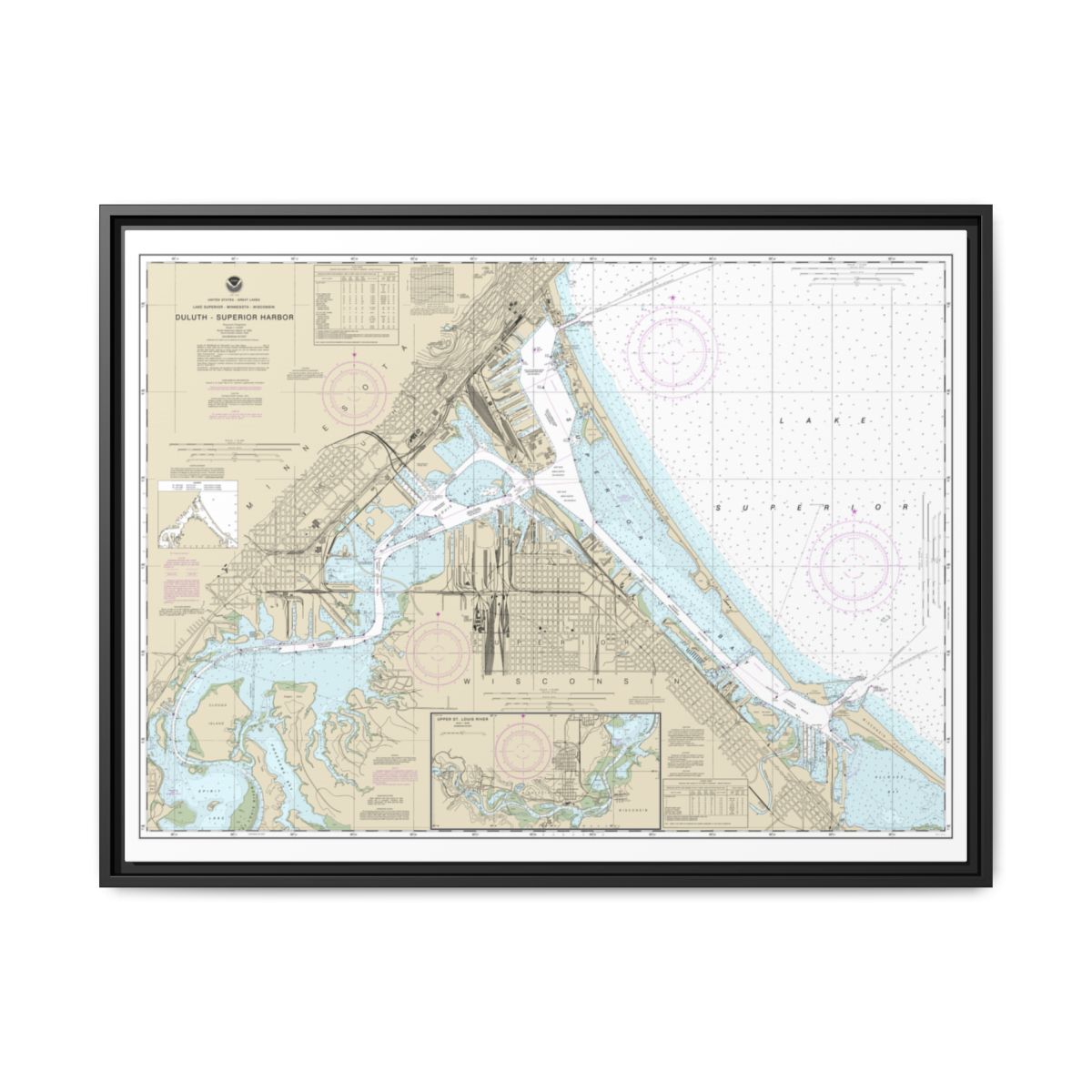 Chart 14975 Duluth-Superior Harbor;Upper St. Louis River - NOAA Nautical Chart Floating Frame Canvas | 32" x 24" | 40" x 30" - Black front