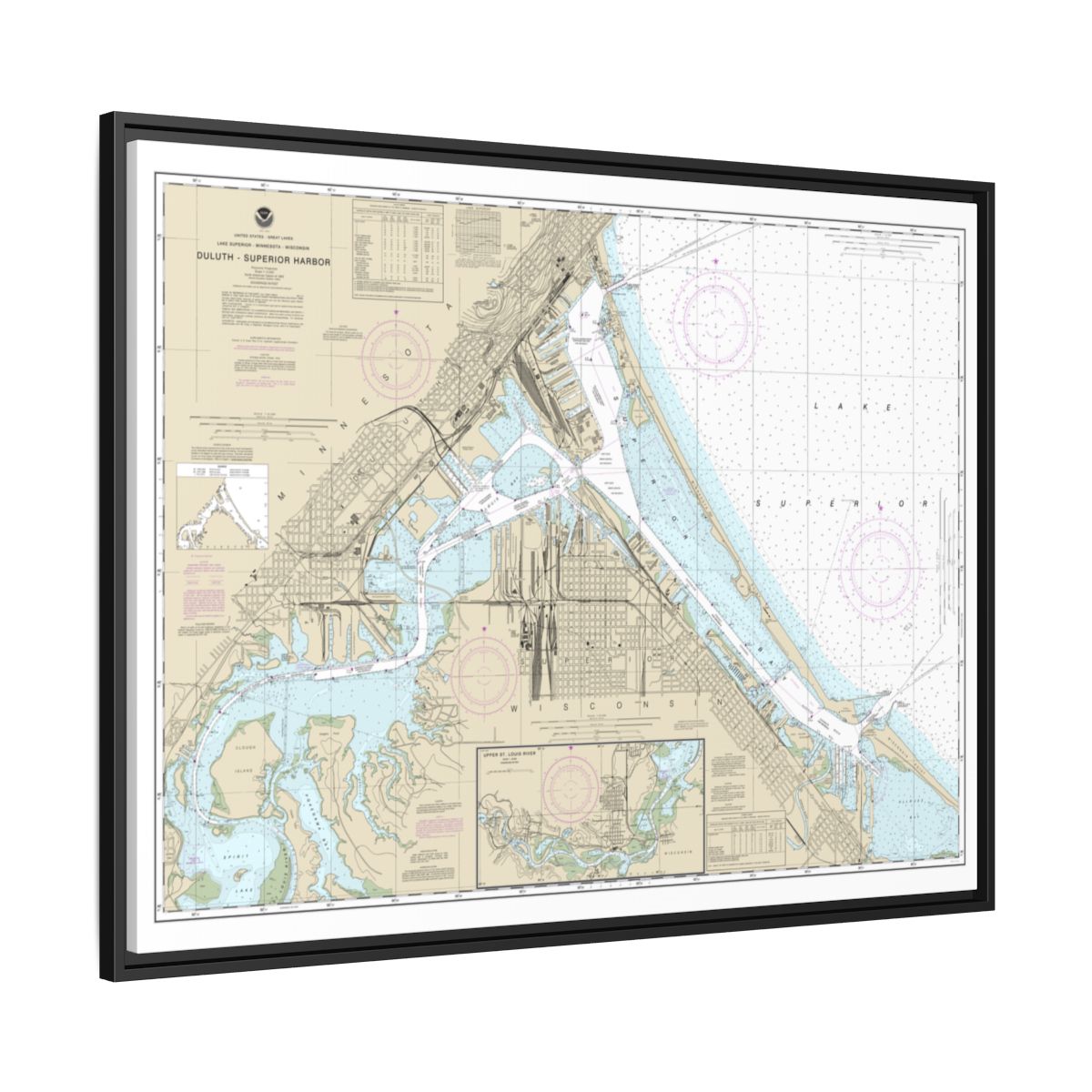 Chart 14975 Duluth-Superior Harbor;Upper St. Louis River - NOAA Nautical Chart Floating Frame Canvas | 32" x 24" | 40" x 30" - Black side